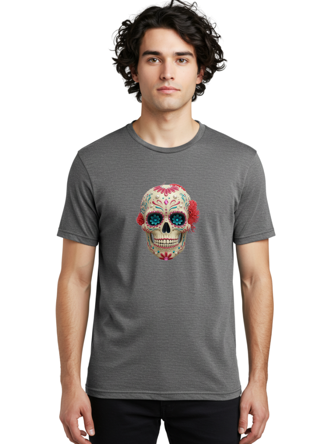 Sugar-Skull-18 Men'S Graphic Tee, 100% Cotton, Comfortable Casual Summer Wear, Machine Washable, Sugar Skull, Dia De Los Muertos, Vibrant Flowers, Colorful Decorations, Festive Atmosphere, Mexican Culture, Ornate Design, Floral Patterns, Bad767