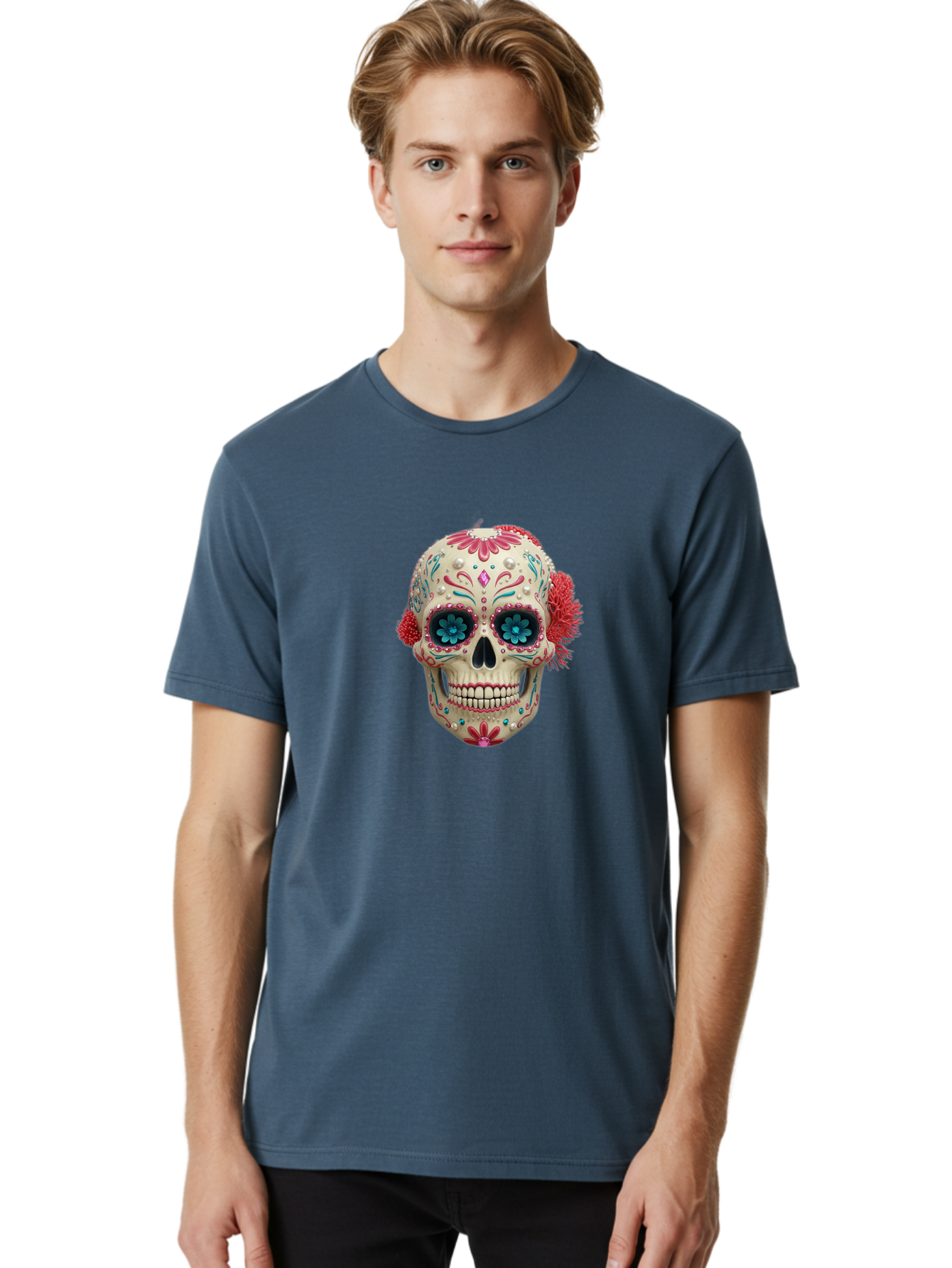 Sugar-Skull-18 Men'S Graphic Tee, 100% Cotton, Comfortable Casual Summer Wear, Machine Washable, Sugar Skull, Dia De Los Muertos, Vibrant Flowers, Colorful Decorations, Festive Atmosphere, Mexican Culture, Ornate Design, Floral Patterns, Bad767