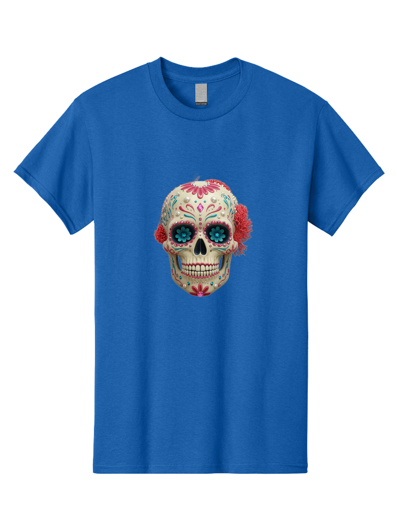 Sugar-Skull-18 Men'S Graphic Tee, 100% Cotton, Comfortable Casual Summer Wear, Machine Washable, Sugar Skull, Dia De Los Muertos, Vibrant Flowers, Colorful Decorations, Festive Atmosphere, Mexican Culture, Ornate Design, Floral Patterns, Bad767