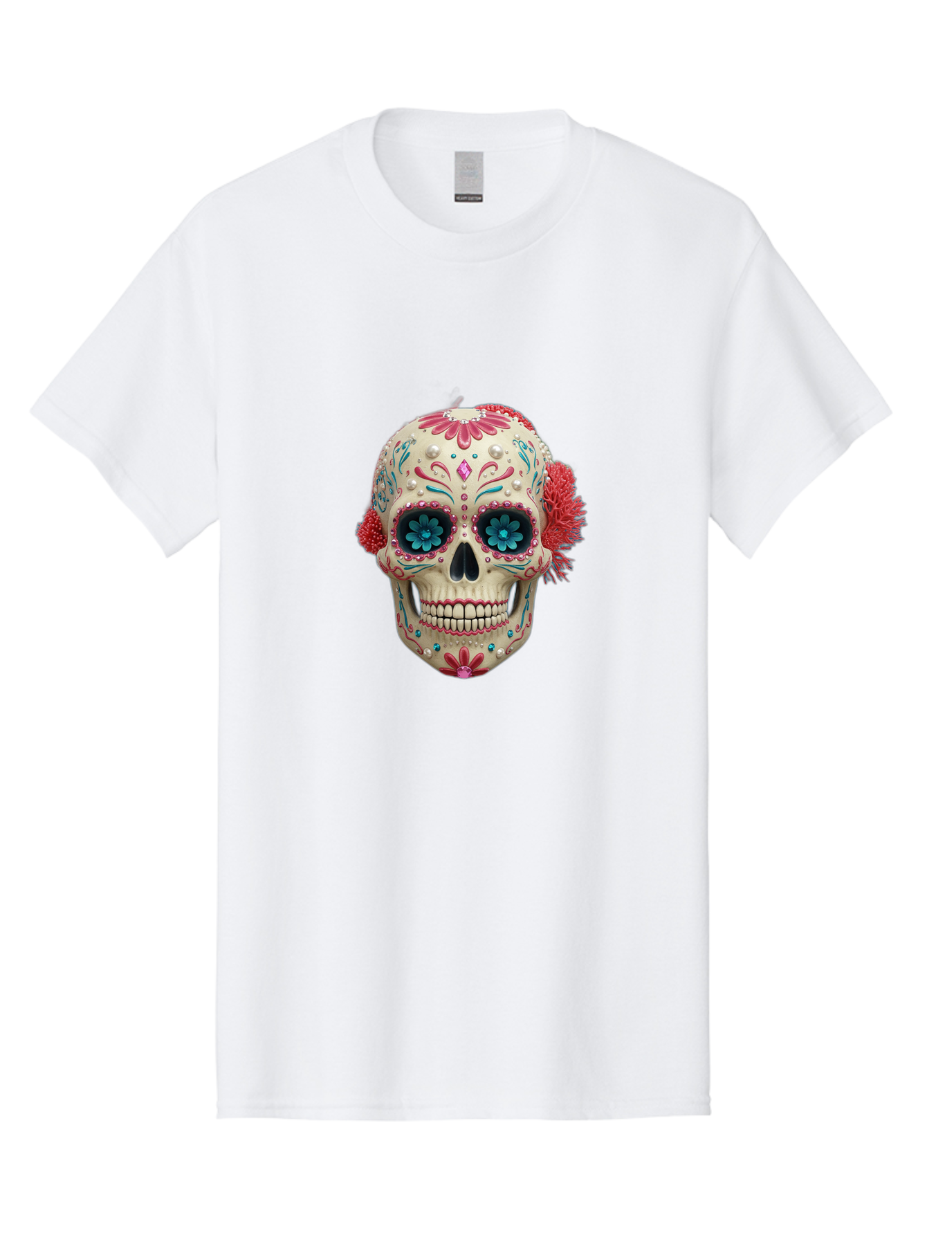 Sugar-Skull-18 Men'S Graphic Tee, 100% Cotton, Comfortable Casual Summer Wear, Machine Washable, Sugar Skull, Dia De Los Muertos, Vibrant Flowers, Colorful Decorations, Festive Atmosphere, Mexican Culture, Ornate Design, Floral Patterns, Bad767