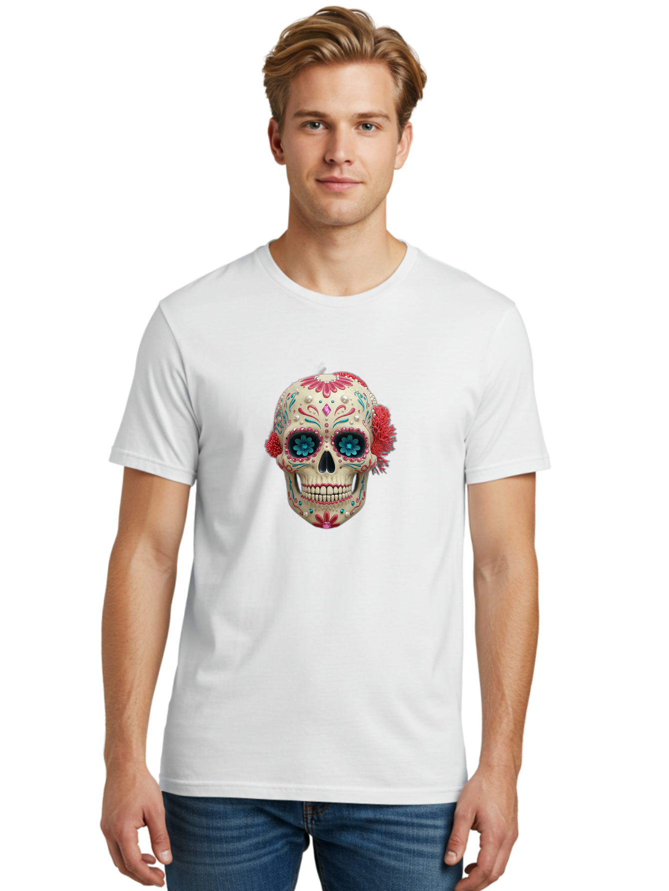 Sugar-Skull-18 Men'S Graphic Tee, 100% Cotton, Comfortable Casual Summer Wear, Machine Washable, Sugar Skull, Dia De Los Muertos, Vibrant Flowers, Colorful Decorations, Festive Atmosphere, Mexican Culture, Ornate Design, Floral Patterns, Bad767