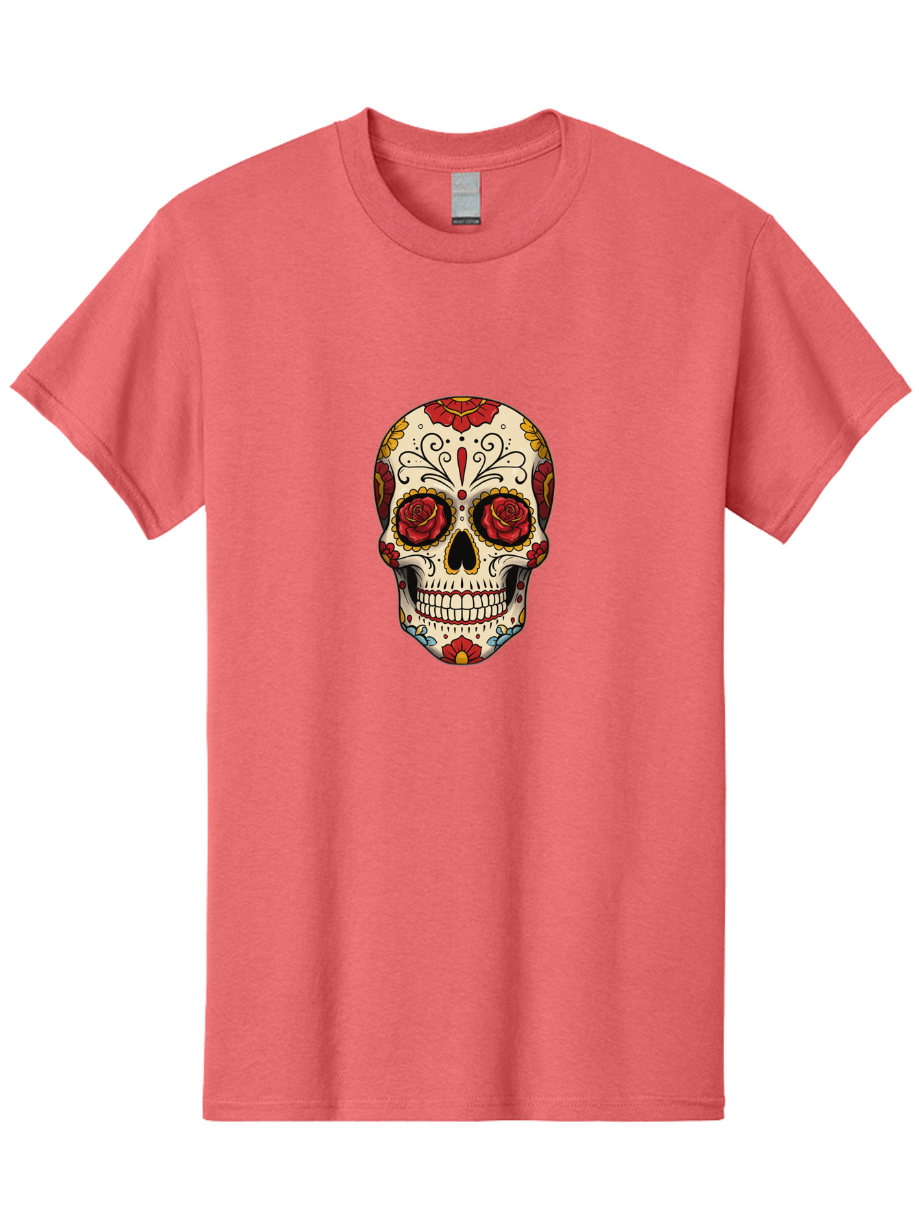 Sugar-Skull-2 Men'S Graphic Tee, 100% Cotton, Comfortable Casual Summer Wear, Machine Washable, Sugar Skull, Day Of The Dead, Floral Design, Red Roses, Skull Art, Vibrant Colors, Mexican Culture, Decorative Skull, Intricate Patterns, Bad769