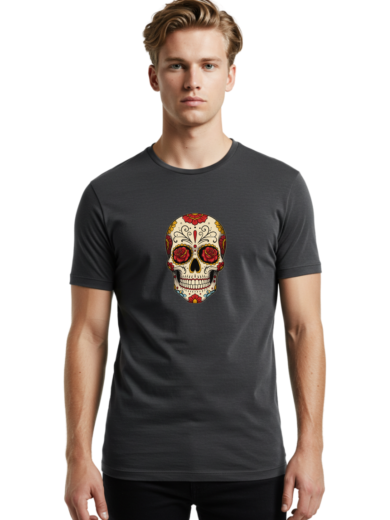 Sugar-Skull-2 Men'S Graphic Tee, 100% Cotton, Comfortable Casual Summer Wear, Machine Washable, Sugar Skull, Day Of The Dead, Floral Design, Red Roses, Skull Art, Vibrant Colors, Mexican Culture, Decorative Skull, Intricate Patterns, Bad769