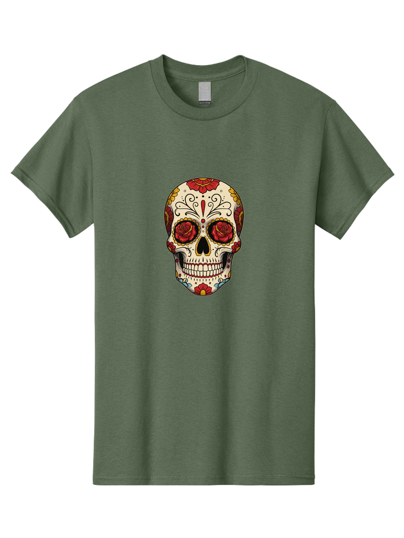 Sugar-Skull-2 Men'S Graphic Tee, 100% Cotton, Comfortable Casual Summer Wear, Machine Washable, Sugar Skull, Day Of The Dead, Floral Design, Red Roses, Skull Art, Vibrant Colors, Mexican Culture, Decorative Skull, Intricate Patterns, Bad769