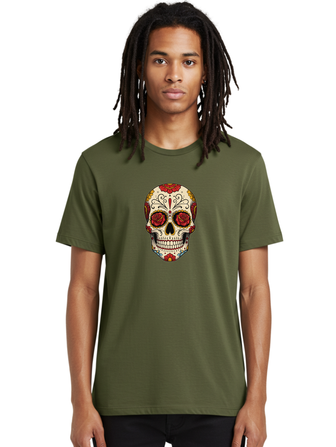 Sugar-Skull-2 Men'S Graphic Tee, 100% Cotton, Comfortable Casual Summer Wear, Machine Washable, Sugar Skull, Day Of The Dead, Floral Design, Red Roses, Skull Art, Vibrant Colors, Mexican Culture, Decorative Skull, Intricate Patterns, Bad769