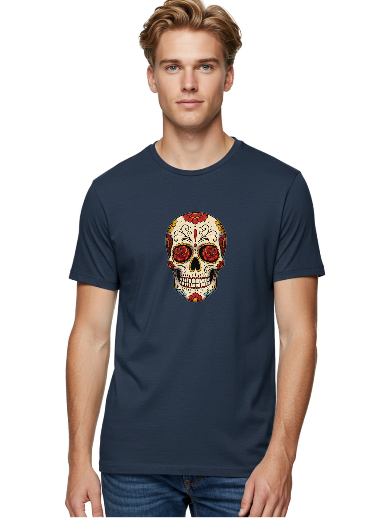 Sugar-Skull-2 Men'S Graphic Tee, 100% Cotton, Comfortable Casual Summer Wear, Machine Washable, Sugar Skull, Day Of The Dead, Floral Design, Red Roses, Skull Art, Vibrant Colors, Mexican Culture, Decorative Skull, Intricate Patterns, Bad769