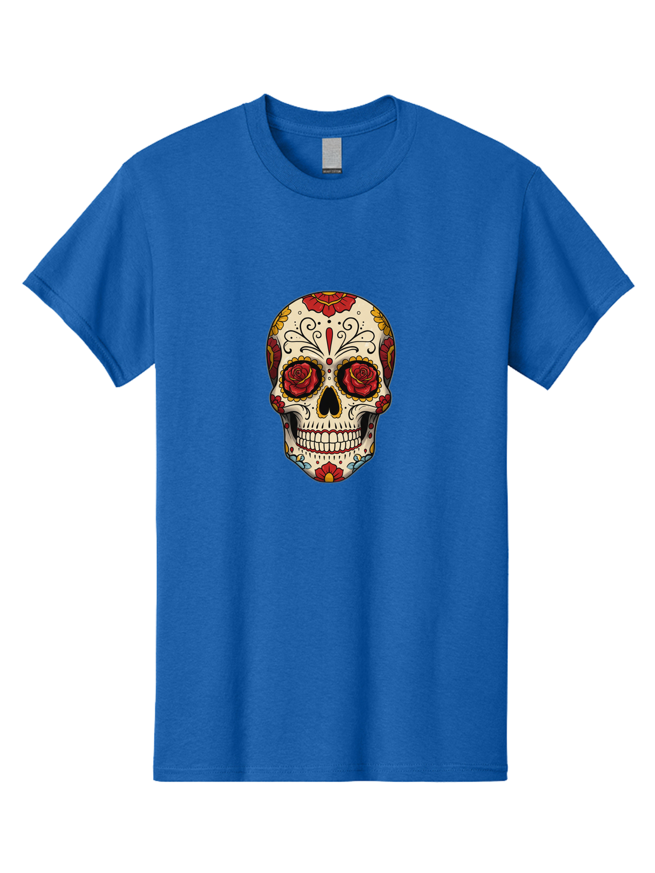 Sugar-Skull-2 Men'S Graphic Tee, 100% Cotton, Comfortable Casual Summer Wear, Machine Washable, Sugar Skull, Day Of The Dead, Floral Design, Red Roses, Skull Art, Vibrant Colors, Mexican Culture, Decorative Skull, Intricate Patterns, Bad769