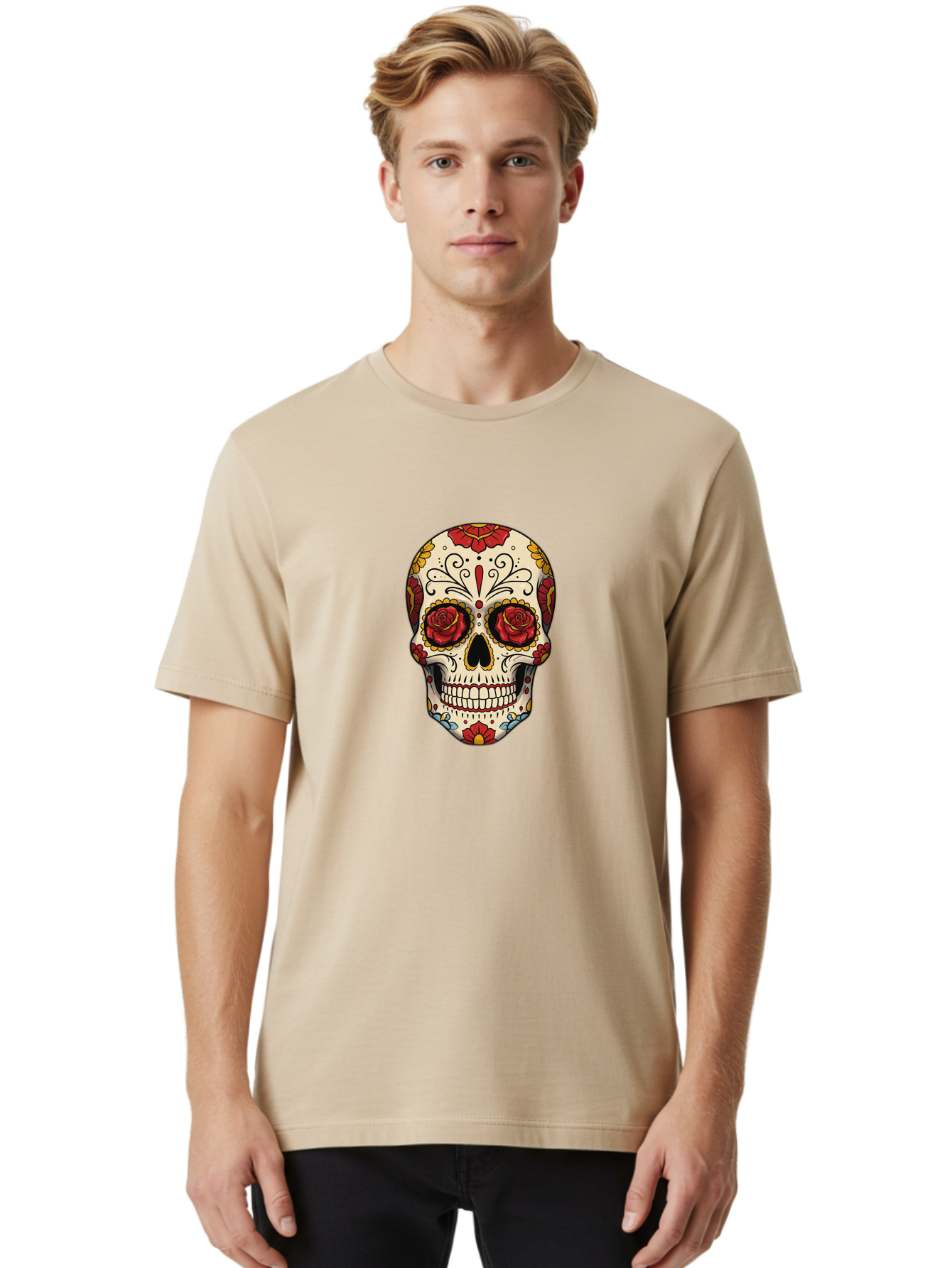 Sugar-Skull-2 Men'S Graphic Tee, 100% Cotton, Comfortable Casual Summer Wear, Machine Washable, Sugar Skull, Day Of The Dead, Floral Design, Red Roses, Skull Art, Vibrant Colors, Mexican Culture, Decorative Skull, Intricate Patterns, Bad769