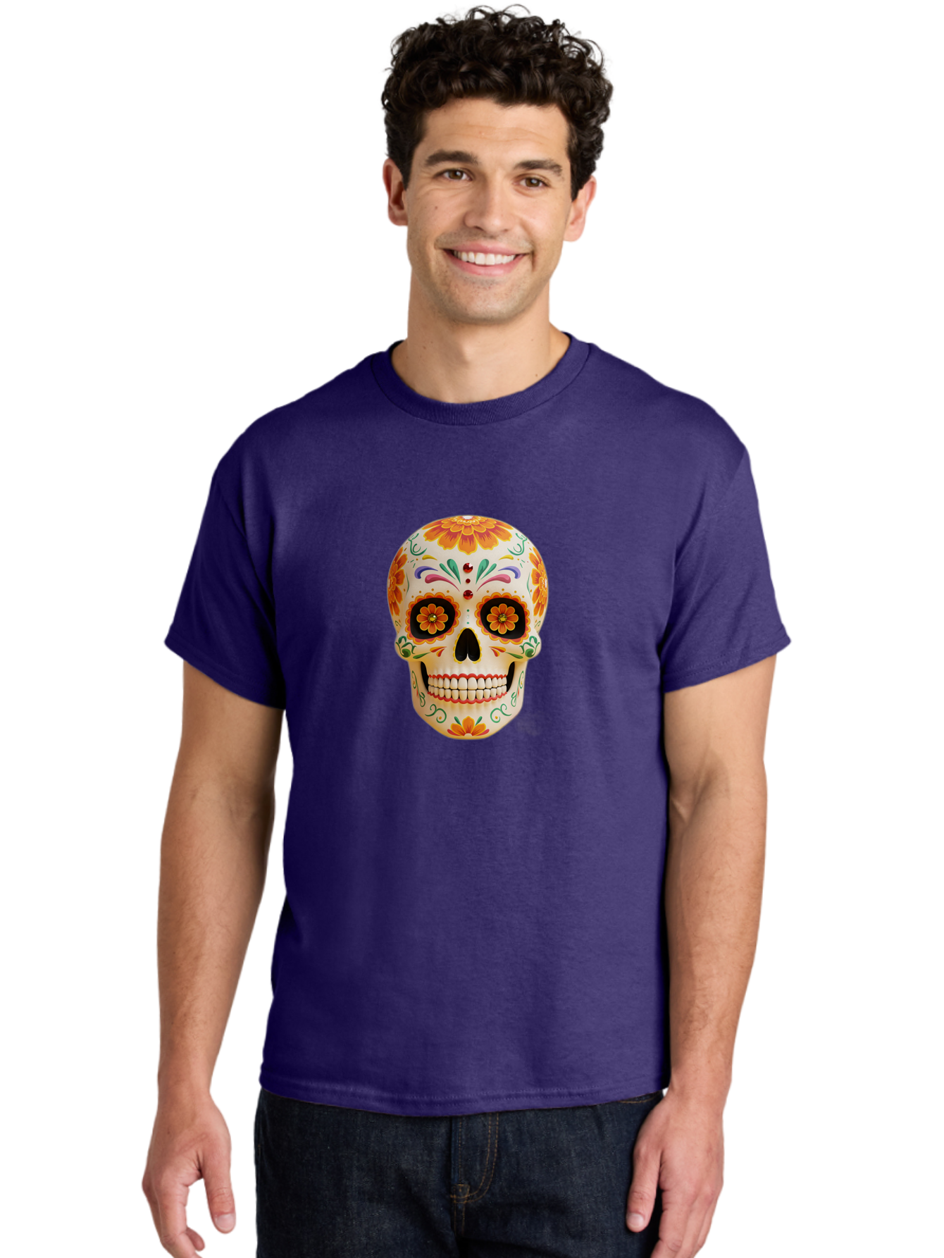 Sugar-Skull-20 Men'S Graphic Tee, 100% Cotton, Comfortable Casual Summer Wear, Machine Washable, Sugar Skull, Day Of The Dead, Dia De Los Muertos, Colorful Skull, Floral Decorations, Vibrant Colors, Mexican Art, Festive, Celebratory, Bad770