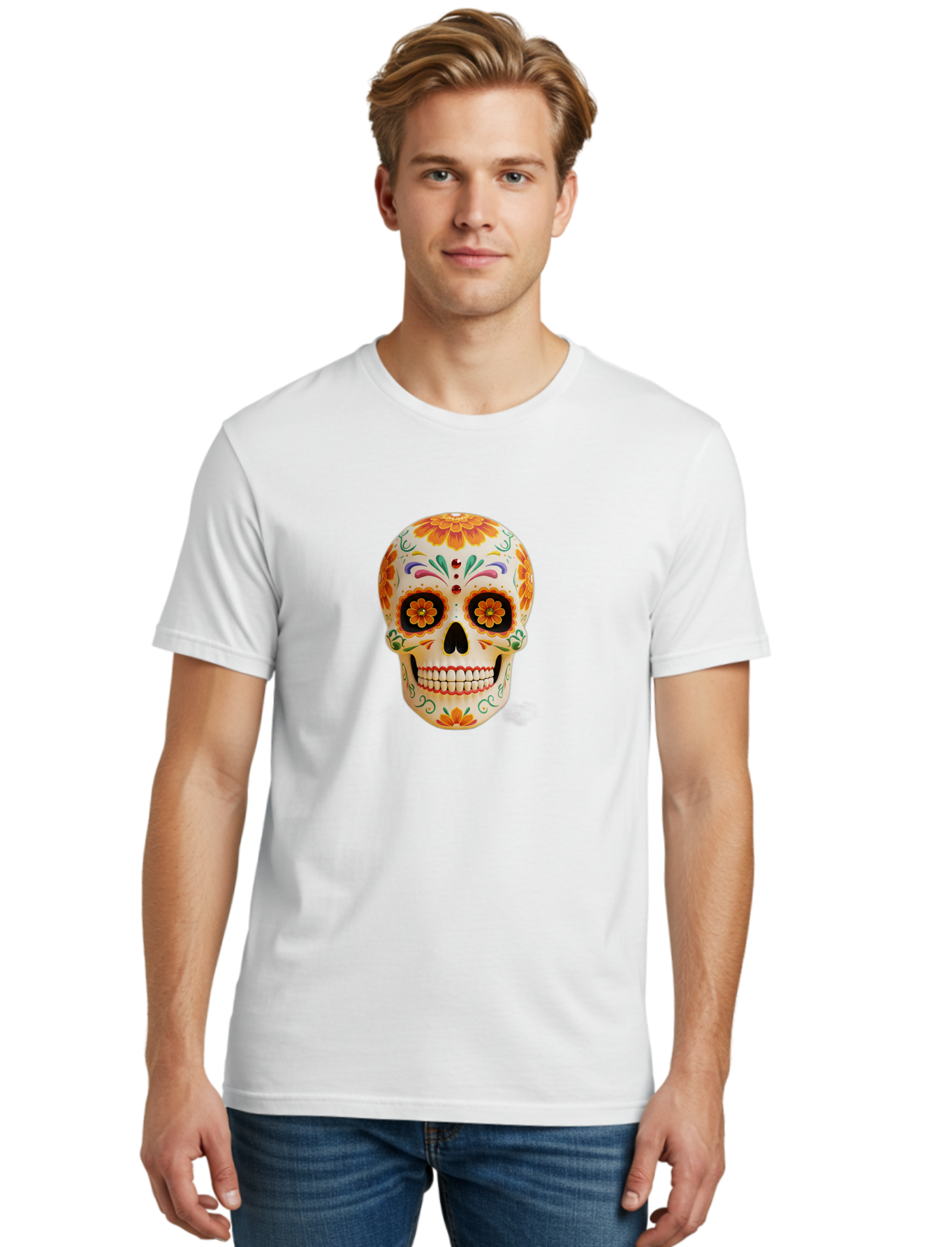 Sugar-Skull-20 Men'S Graphic Tee, 100% Cotton, Comfortable Casual Summer Wear, Machine Washable, Sugar Skull, Day Of The Dead, Dia De Los Muertos, Colorful Skull, Floral Decorations, Vibrant Colors, Mexican Art, Festive, Celebratory, Bad770