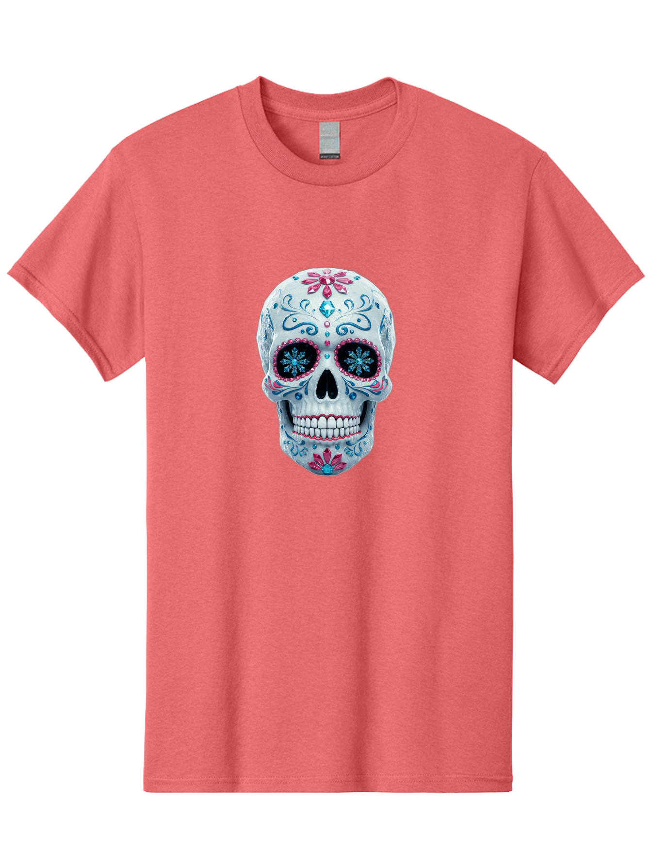 Sugar-Skull-21 Men'S Graphic Tee, 100% Cotton, Comfortable Casual Summer Wear, Machine Washable, Sugar Skull, Day Of The Dead, Decorative Skull, Floral Designs, Blue And Pink Patterns, Intricate Details, Festive Vibe, Cultural Heritage, Bad771
