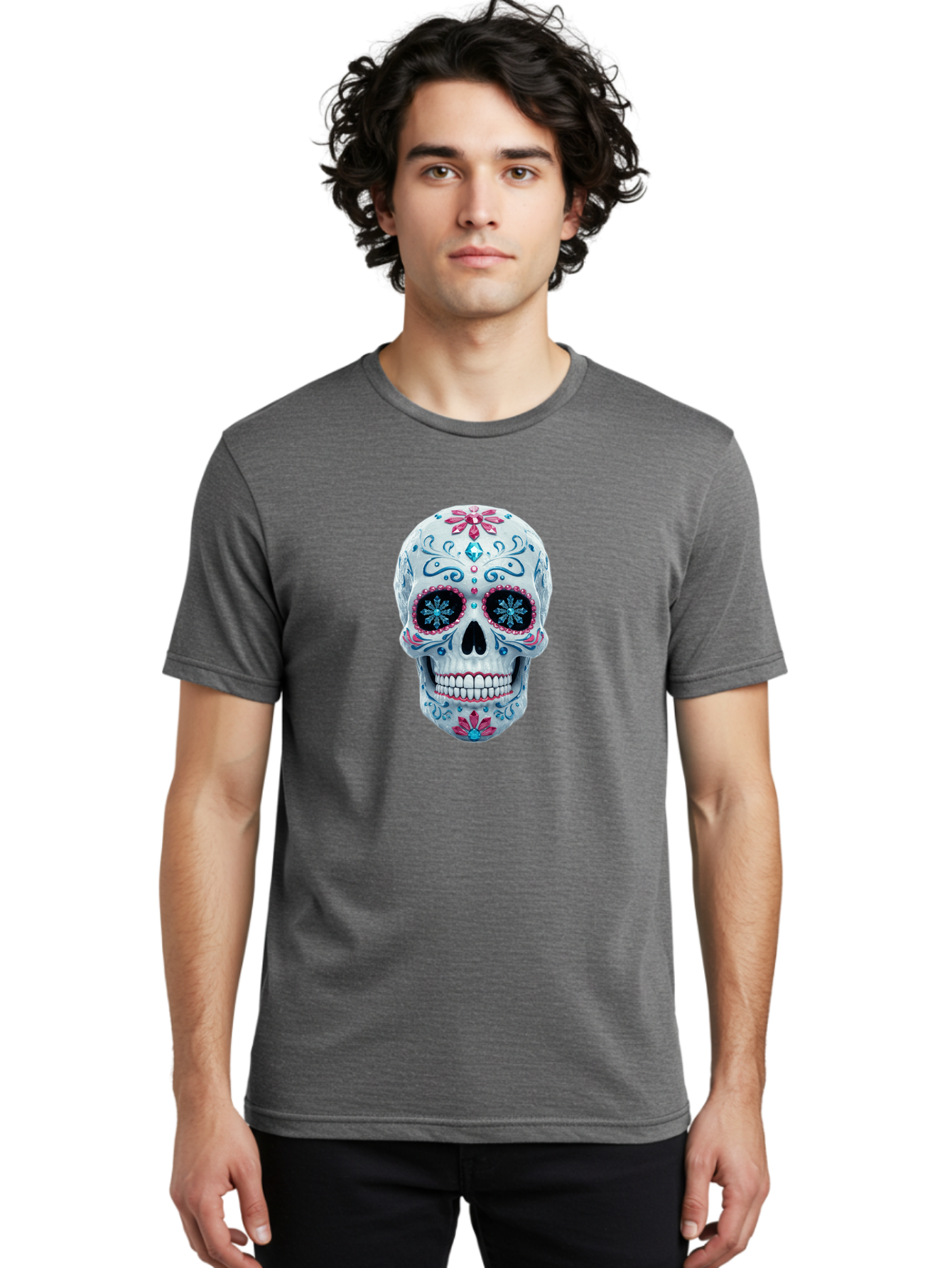 Sugar-Skull-21 Men'S Graphic Tee, 100% Cotton, Comfortable Casual Summer Wear, Machine Washable, Sugar Skull, Day Of The Dead, Decorative Skull, Floral Designs, Blue And Pink Patterns, Intricate Details, Festive Vibe, Cultural Heritage, Bad771