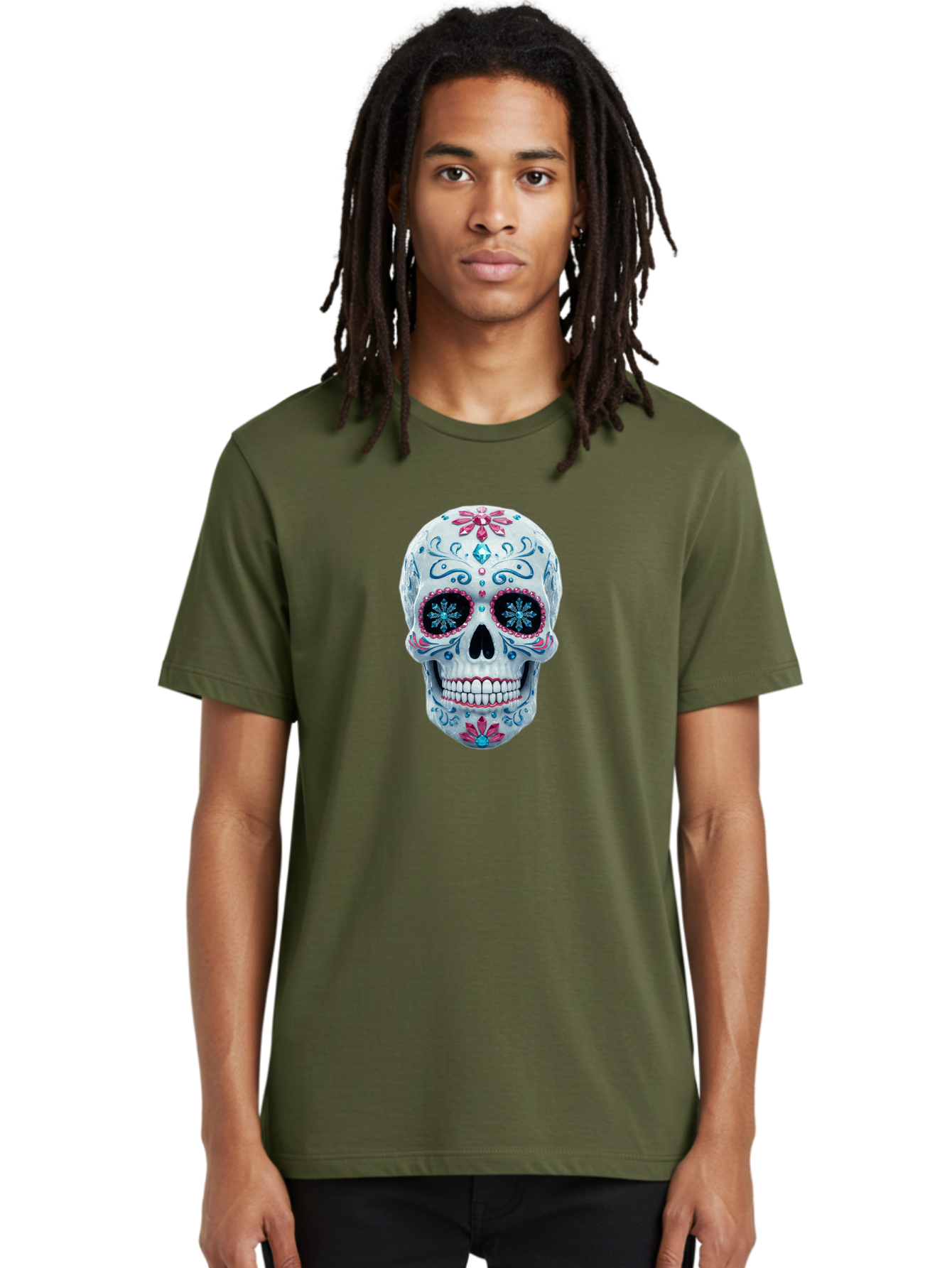 Sugar-Skull-21 Men'S Graphic Tee, 100% Cotton, Comfortable Casual Summer Wear, Machine Washable, Sugar Skull, Day Of The Dead, Decorative Skull, Floral Designs, Blue And Pink Patterns, Intricate Details, Festive Vibe, Cultural Heritage, Bad771