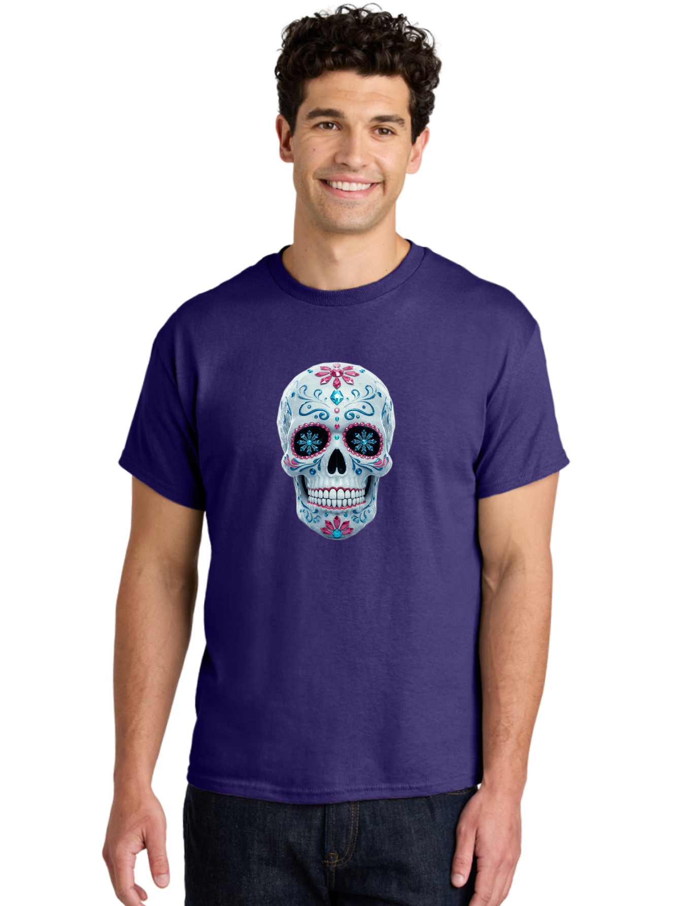 Sugar-Skull-21 Men'S Graphic Tee, 100% Cotton, Comfortable Casual Summer Wear, Machine Washable, Sugar Skull, Day Of The Dead, Decorative Skull, Floral Designs, Blue And Pink Patterns, Intricate Details, Festive Vibe, Cultural Heritage, Bad771