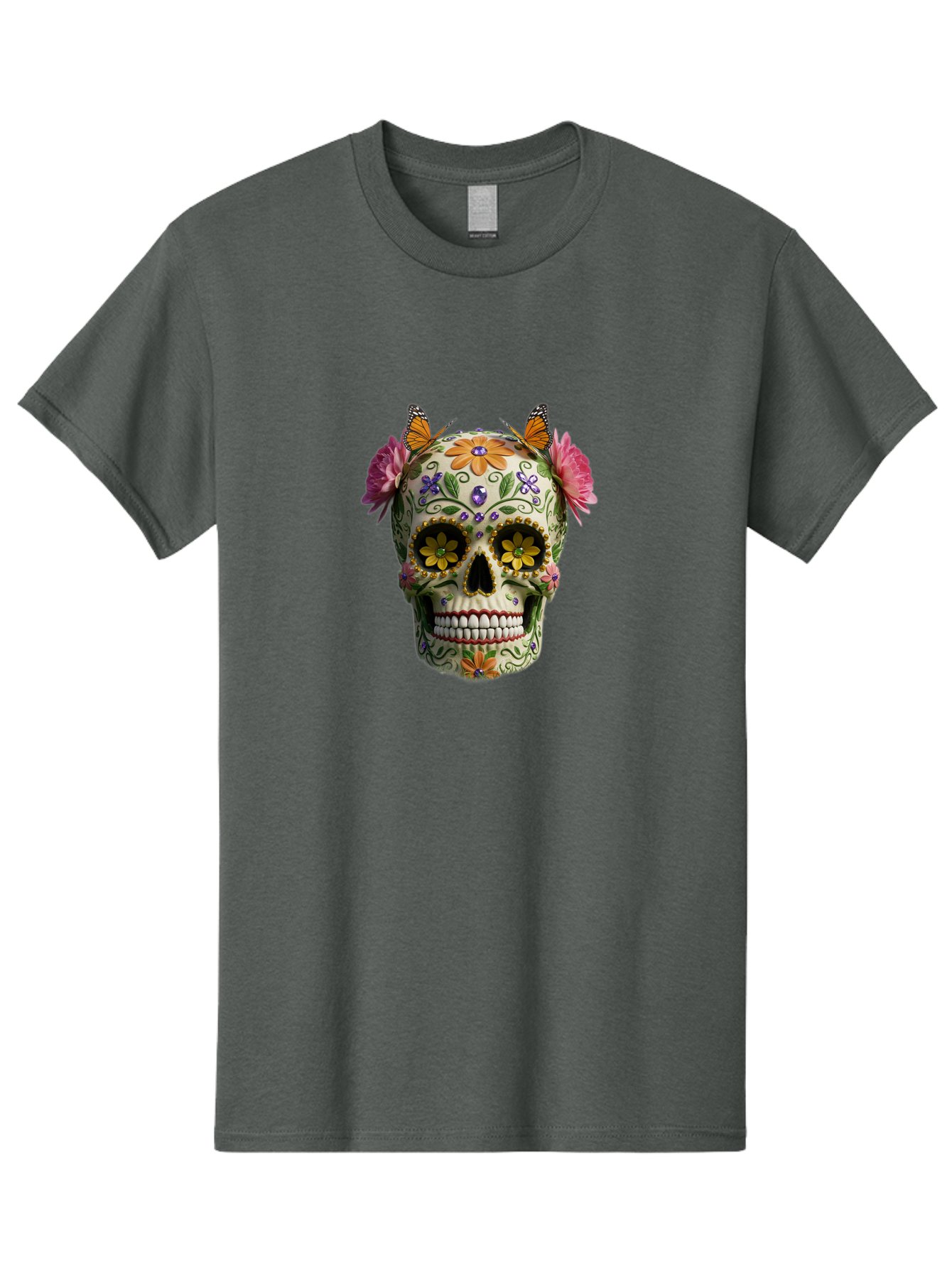 Sugar-Skull-23 Men'S Graphic Tee, 100% Cotton, Comfortable Casual Summer Wear, Machine Washable, Sugar Skull, Floral Designs, Vibrant Colors, Butterfly Decorations, Day Of The Dead, Mexican Culture, Festive Atmosphere, Colorful Flowers, Bad773