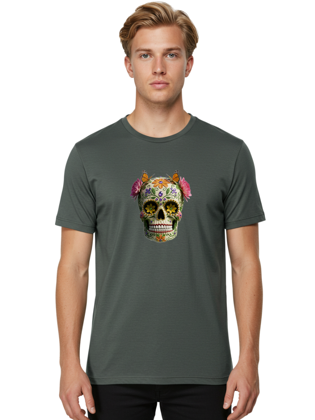 Sugar-Skull-23 Men'S Graphic Tee, 100% Cotton, Comfortable Casual Summer Wear, Machine Washable, Sugar Skull, Floral Designs, Vibrant Colors, Butterfly Decorations, Day Of The Dead, Mexican Culture, Festive Atmosphere, Colorful Flowers, Bad773