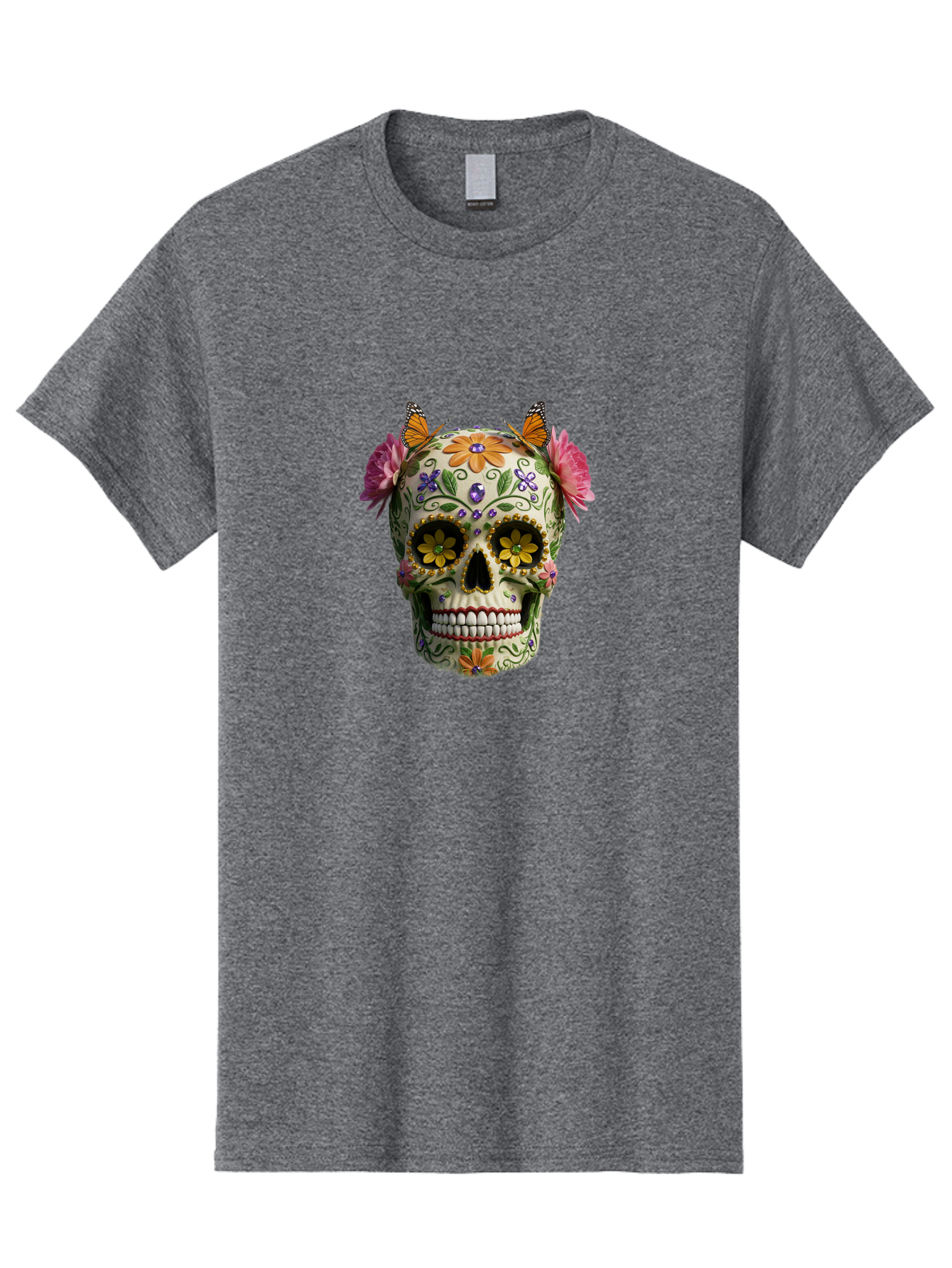 Sugar-Skull-23 Men'S Graphic Tee, 100% Cotton, Comfortable Casual Summer Wear, Machine Washable, Sugar Skull, Floral Designs, Vibrant Colors, Butterfly Decorations, Day Of The Dead, Mexican Culture, Festive Atmosphere, Colorful Flowers, Bad773