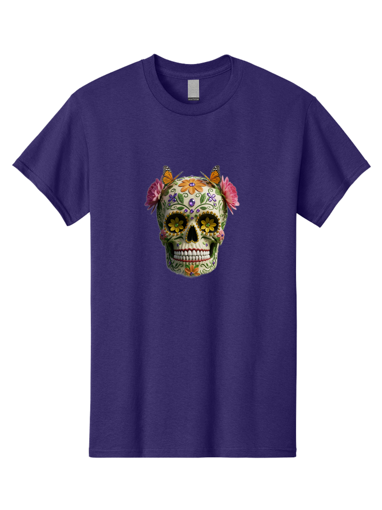 Sugar-Skull-23 Men'S Graphic Tee, 100% Cotton, Comfortable Casual Summer Wear, Machine Washable, Sugar Skull, Floral Designs, Vibrant Colors, Butterfly Decorations, Day Of The Dead, Mexican Culture, Festive Atmosphere, Colorful Flowers, Bad773