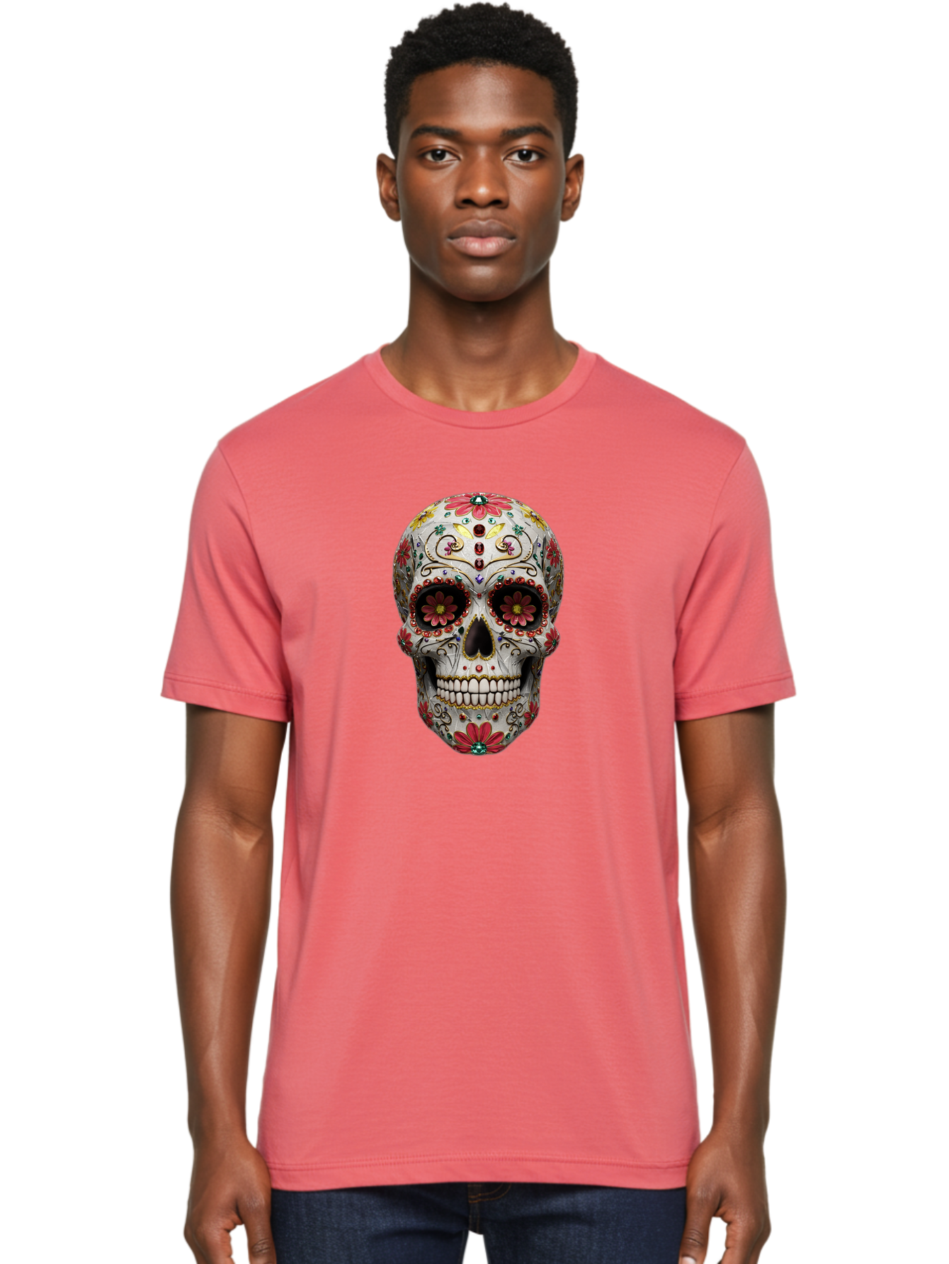 Sugar-Skull-24 Men'S Graphic Tee, 100% Cotton, Comfortable Casual Summer Wear, Machine Washable, Sugar Skull, Decorative Skull, Floral Designs, Red Flowers, Gold Accents, Day Of The Dead, Mexican Culture, Vibrant Colors, Intricate Details, Bad774