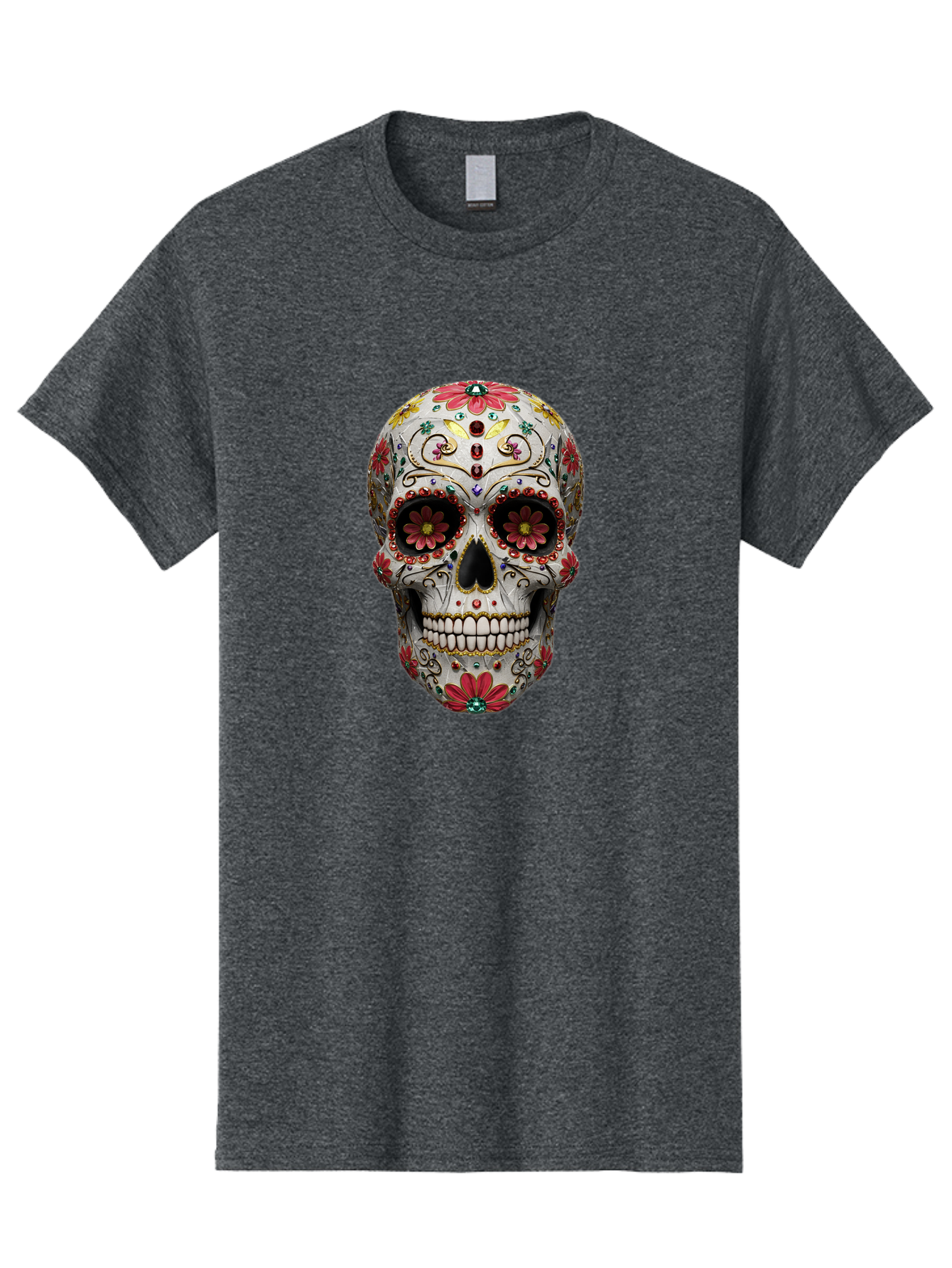 Sugar-Skull-24 Men'S Graphic Tee, 100% Cotton, Comfortable Casual Summer Wear, Machine Washable, Sugar Skull, Decorative Skull, Floral Designs, Red Flowers, Gold Accents, Day Of The Dead, Mexican Culture, Vibrant Colors, Intricate Details, Bad774