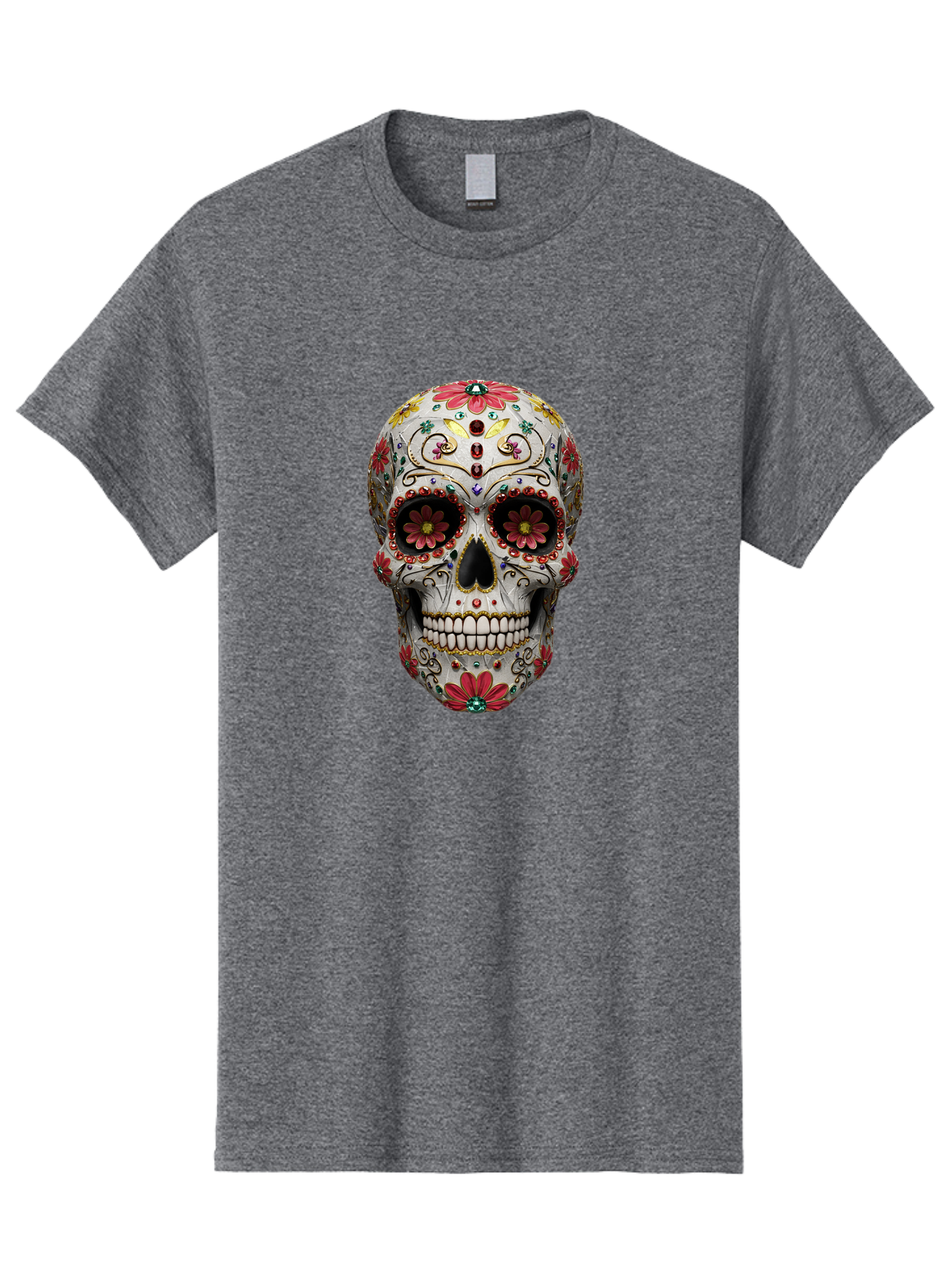 Sugar-Skull-24 Men'S Graphic Tee, 100% Cotton, Comfortable Casual Summer Wear, Machine Washable, Sugar Skull, Decorative Skull, Floral Designs, Red Flowers, Gold Accents, Day Of The Dead, Mexican Culture, Vibrant Colors, Intricate Details, Bad774