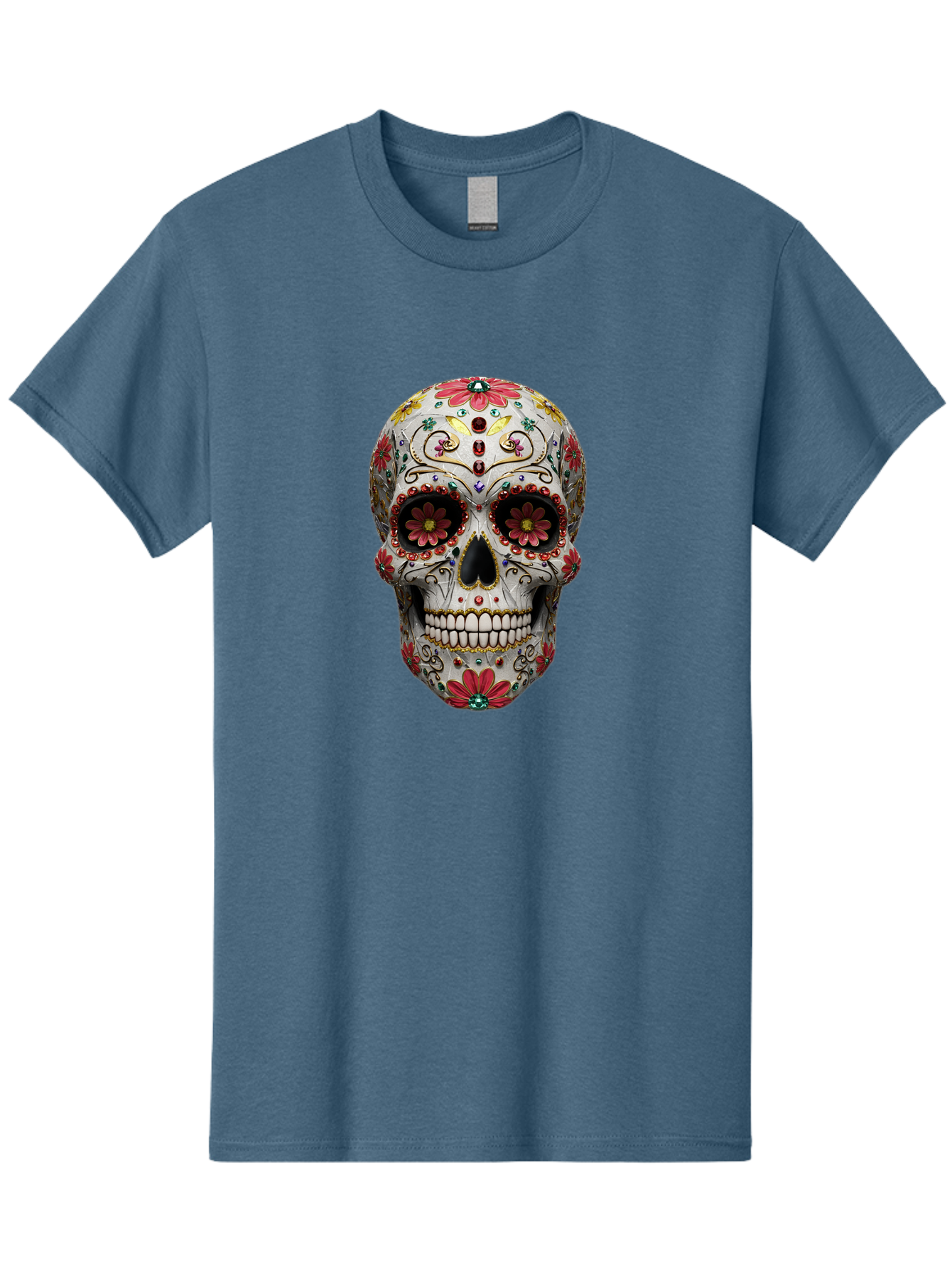 Sugar-Skull-24 Men'S Graphic Tee, 100% Cotton, Comfortable Casual Summer Wear, Machine Washable, Sugar Skull, Decorative Skull, Floral Designs, Red Flowers, Gold Accents, Day Of The Dead, Mexican Culture, Vibrant Colors, Intricate Details, Bad774