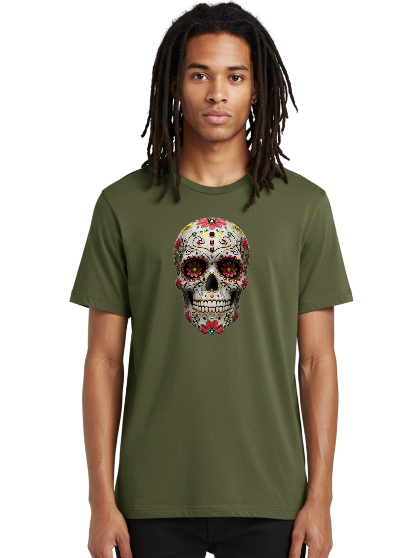 Sugar-Skull-24 Men'S Graphic Tee, 100% Cotton, Comfortable Casual Summer Wear, Machine Washable, Sugar Skull, Decorative Skull, Floral Designs, Red Flowers, Gold Accents, Day Of The Dead, Mexican Culture, Vibrant Colors, Intricate Details, Bad774