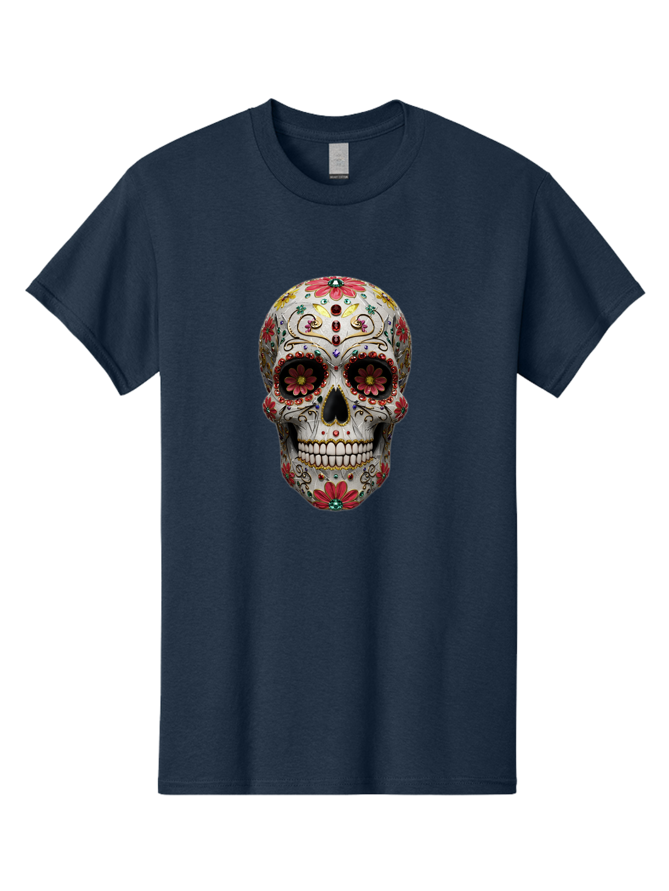 Sugar-Skull-24 Men'S Graphic Tee, 100% Cotton, Comfortable Casual Summer Wear, Machine Washable, Sugar Skull, Decorative Skull, Floral Designs, Red Flowers, Gold Accents, Day Of The Dead, Mexican Culture, Vibrant Colors, Intricate Details, Bad774