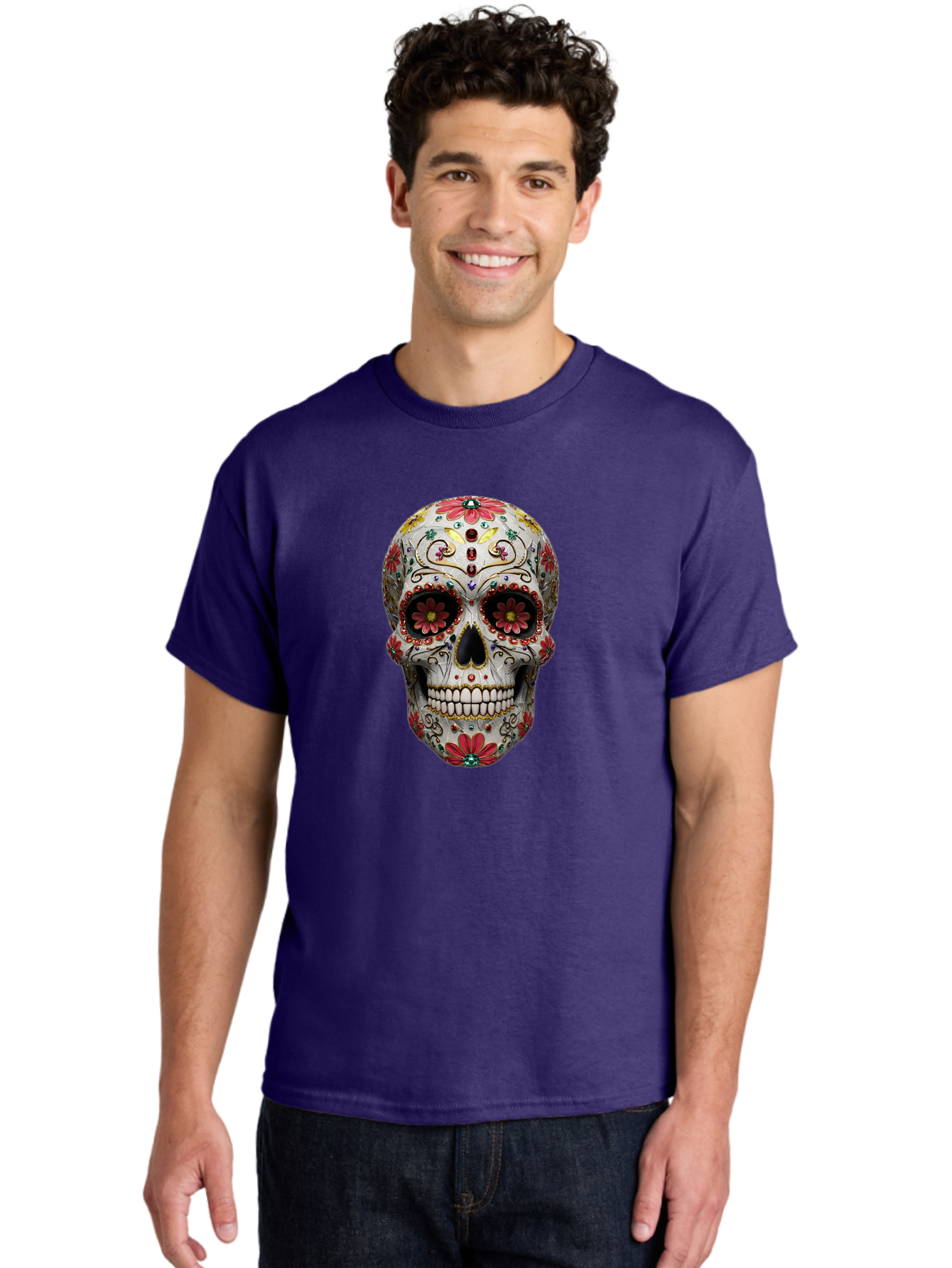 Sugar-Skull-24 Men'S Graphic Tee, 100% Cotton, Comfortable Casual Summer Wear, Machine Washable, Sugar Skull, Decorative Skull, Floral Designs, Red Flowers, Gold Accents, Day Of The Dead, Mexican Culture, Vibrant Colors, Intricate Details, Bad774