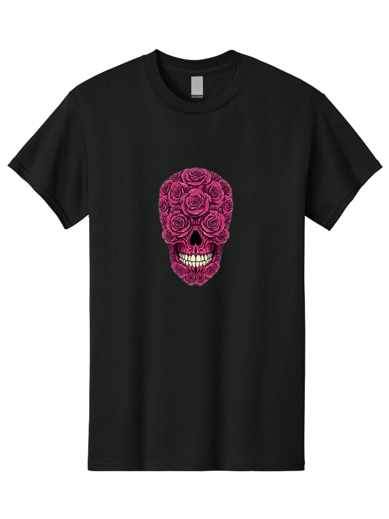 Sugar-Skull-3 Men'S Graphic Tee, 100% Cotton, Comfortable Casual Summer Wear, Machine Washable, Sugar Skull, Floral Skull, Roses, White Teeth, Vibrant Pink, Gothic Art, Day Of The Dead, Floral Design Bad775