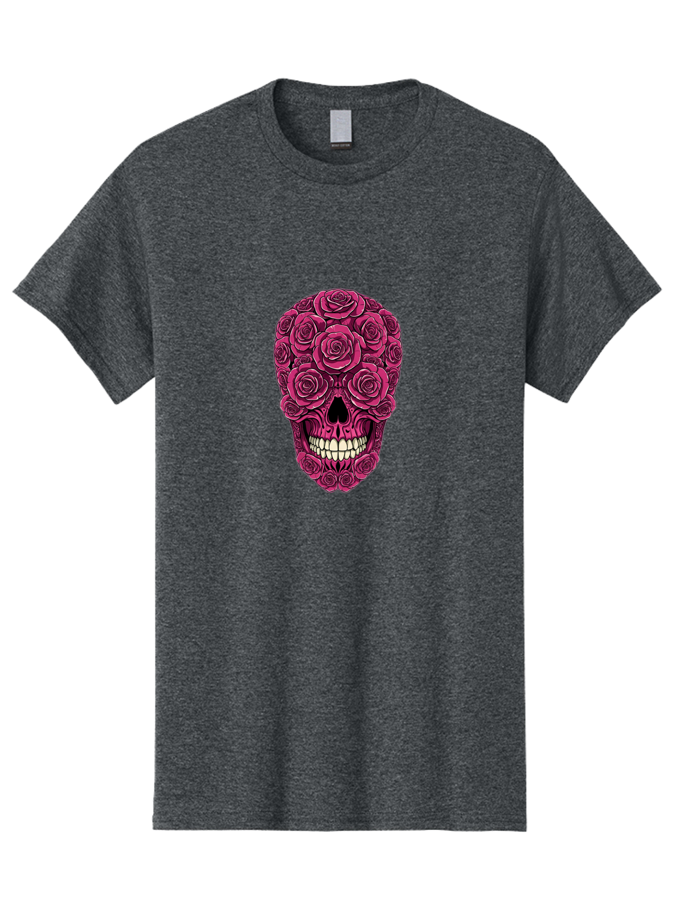 Sugar-Skull-3 Men'S Graphic Tee, 100% Cotton, Comfortable Casual Summer Wear, Machine Washable, Sugar Skull, Floral Skull, Roses, White Teeth, Vibrant Pink, Gothic Art, Day Of The Dead, Floral Design Bad775