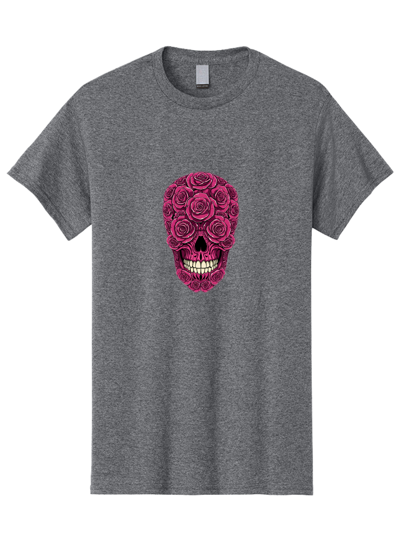 Sugar-Skull-3 Men'S Graphic Tee, 100% Cotton, Comfortable Casual Summer Wear, Machine Washable, Sugar Skull, Floral Skull, Roses, White Teeth, Vibrant Pink, Gothic Art, Day Of The Dead, Floral Design Bad775