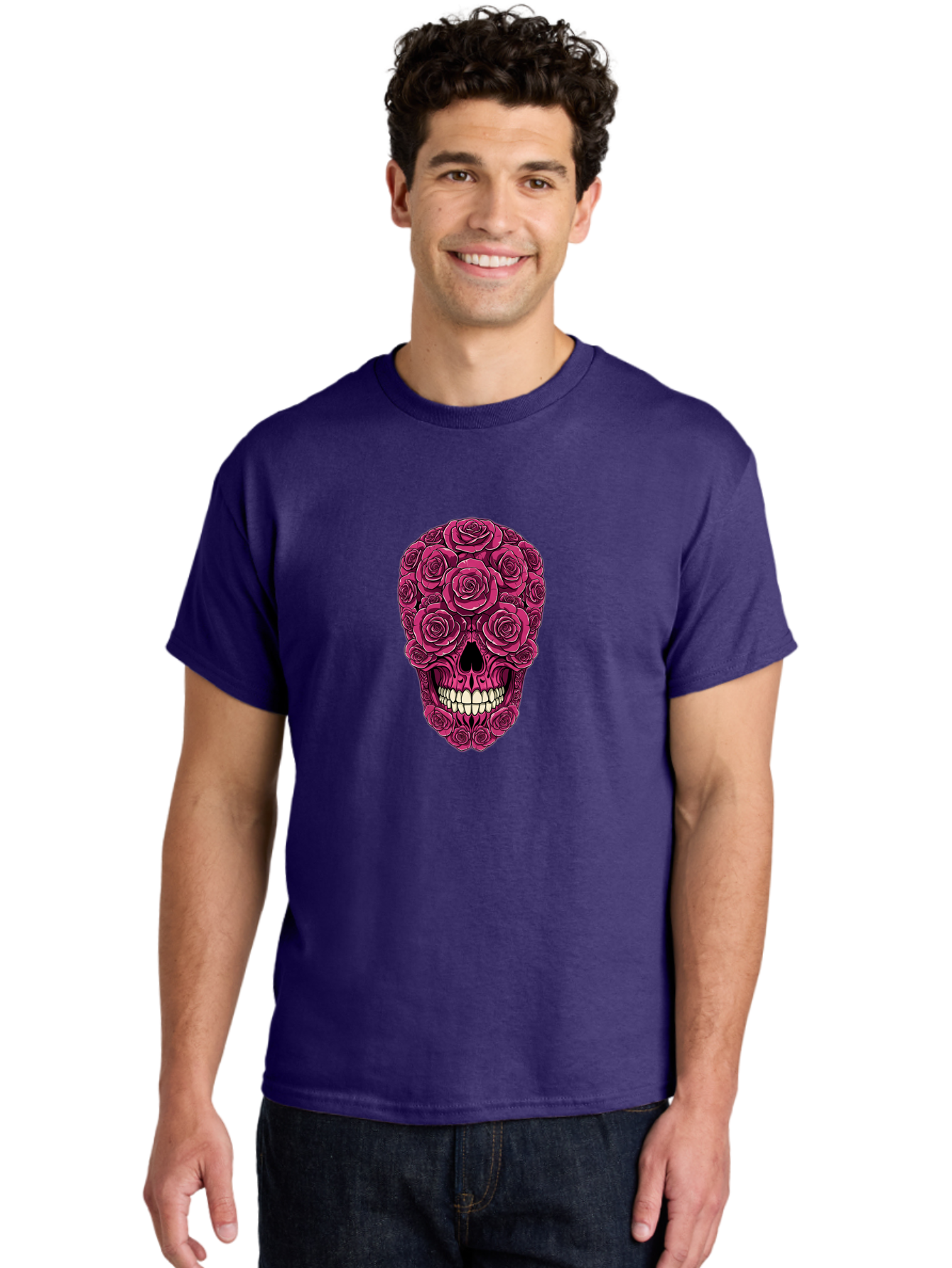 Sugar-Skull-3 Men'S Graphic Tee, 100% Cotton, Comfortable Casual Summer Wear, Machine Washable, Sugar Skull, Floral Skull, Roses, White Teeth, Vibrant Pink, Gothic Art, Day Of The Dead, Floral Design Bad775