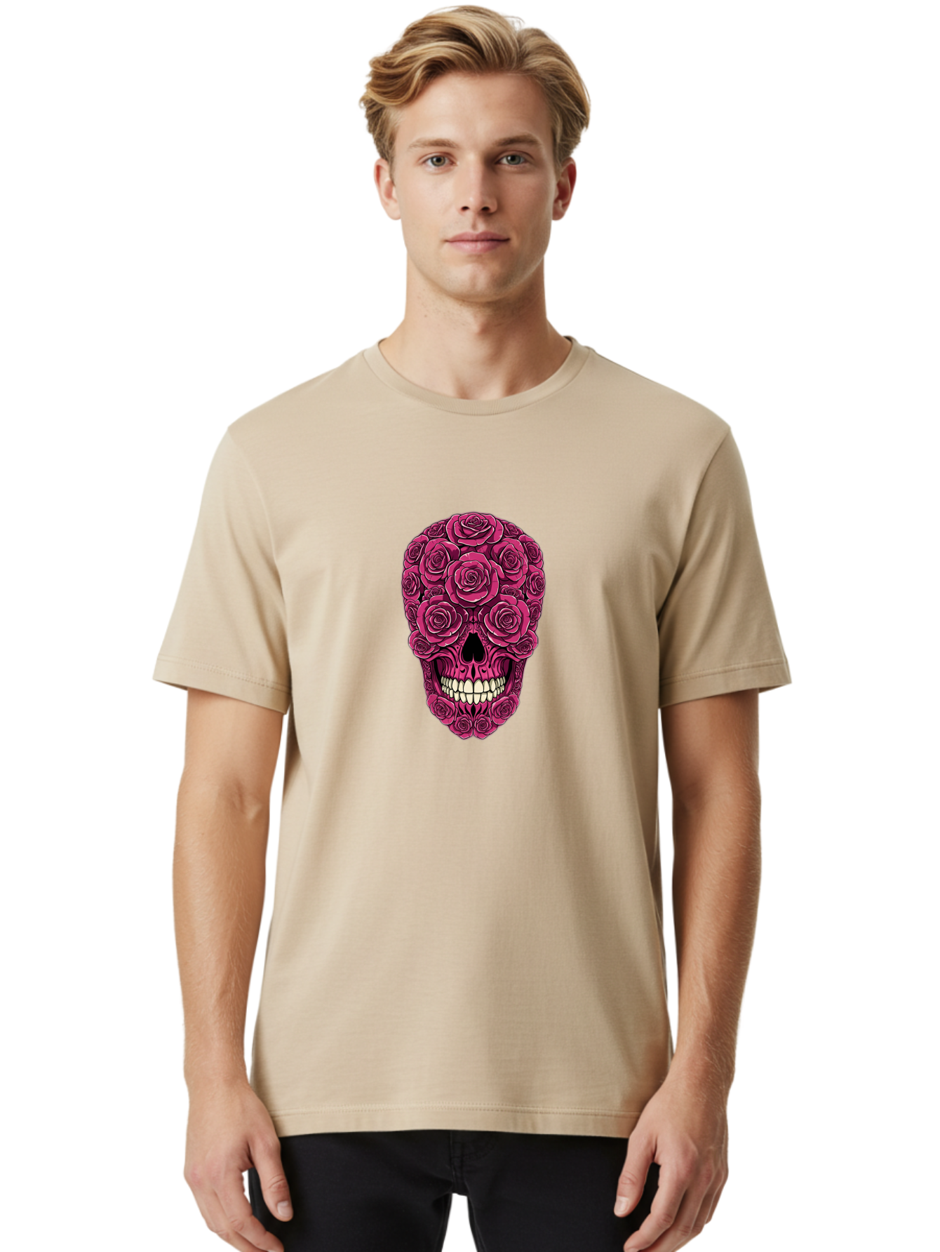 Sugar-Skull-3 Men'S Graphic Tee, 100% Cotton, Comfortable Casual Summer Wear, Machine Washable, Sugar Skull, Floral Skull, Roses, White Teeth, Vibrant Pink, Gothic Art, Day Of The Dead, Floral Design Bad775