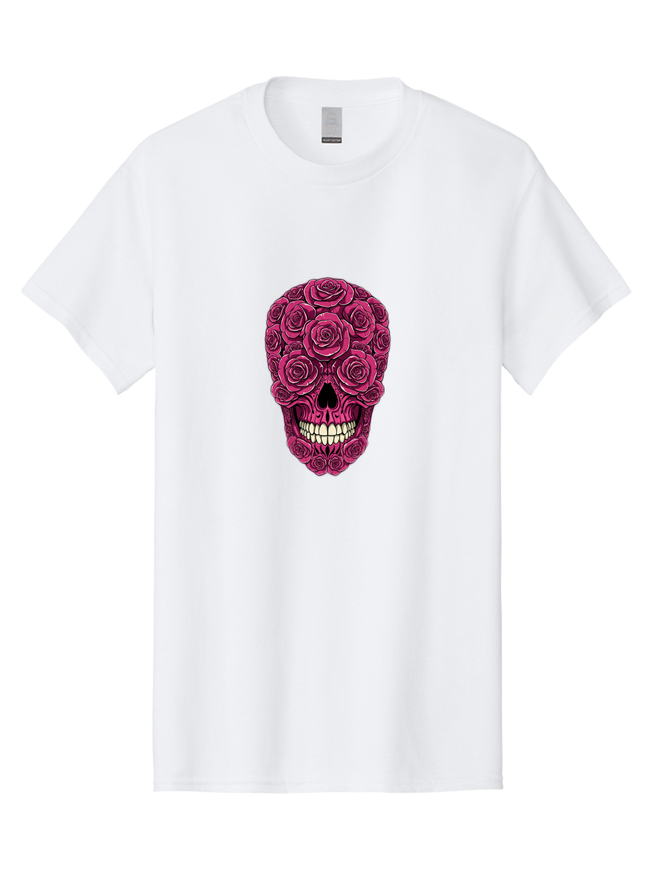Sugar-Skull-3 Men'S Graphic Tee, 100% Cotton, Comfortable Casual Summer Wear, Machine Washable, Sugar Skull, Floral Skull, Roses, White Teeth, Vibrant Pink, Gothic Art, Day Of The Dead, Floral Design Bad775