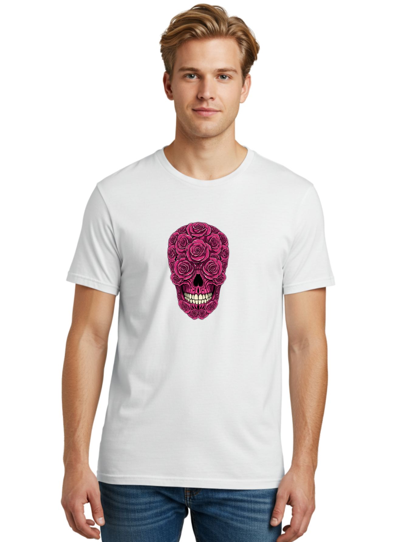 Sugar-Skull-3 Men'S Graphic Tee, 100% Cotton, Comfortable Casual Summer Wear, Machine Washable, Sugar Skull, Floral Skull, Roses, White Teeth, Vibrant Pink, Gothic Art, Day Of The Dead, Floral Design Bad775