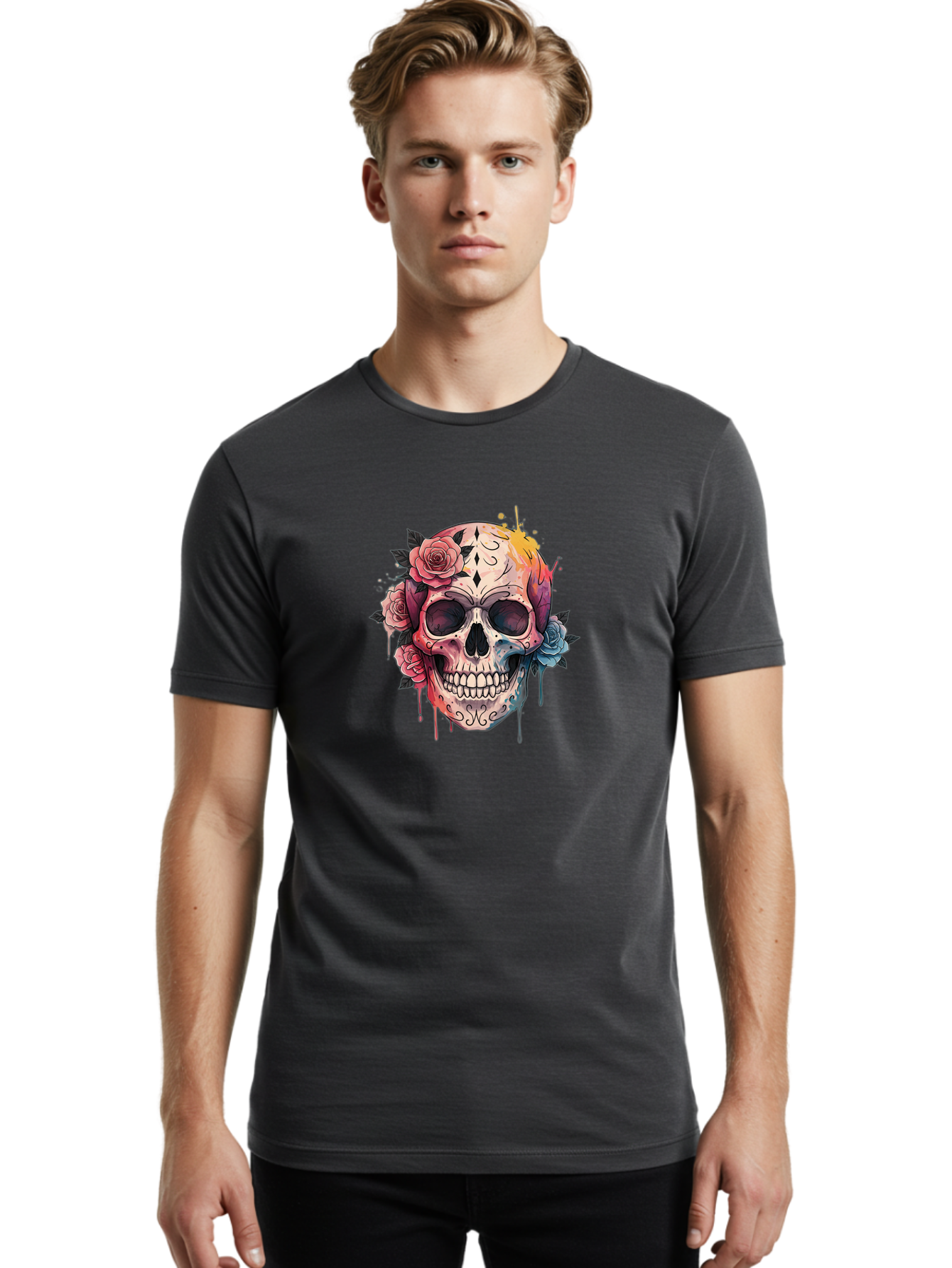 Sugar-Skull-4 Men'S Graphic Tee, 100% Cotton, Comfortable Casual Summer Wear, Machine Washable, Sugar Skull, Day Of The Dead, Floral Skull, Vibrant Colors, Intricate Designs, Abstract Art, Grunge Style, Street Art, Tattoo Art, Mexican Culture, Bad776
