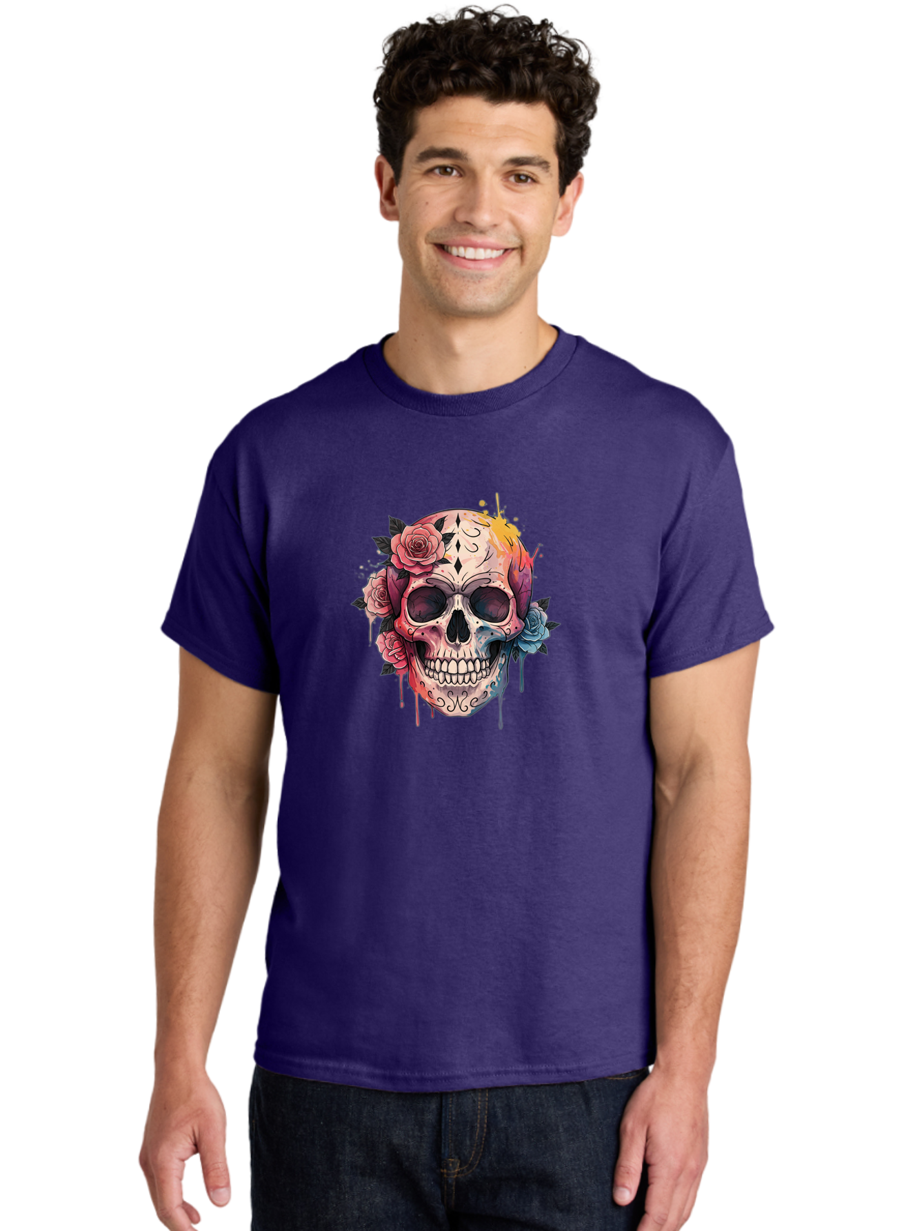 Sugar-Skull-4 Men'S Graphic Tee, 100% Cotton, Comfortable Casual Summer Wear, Machine Washable, Sugar Skull, Day Of The Dead, Floral Skull, Vibrant Colors, Intricate Designs, Abstract Art, Grunge Style, Street Art, Tattoo Art, Mexican Culture, Bad776