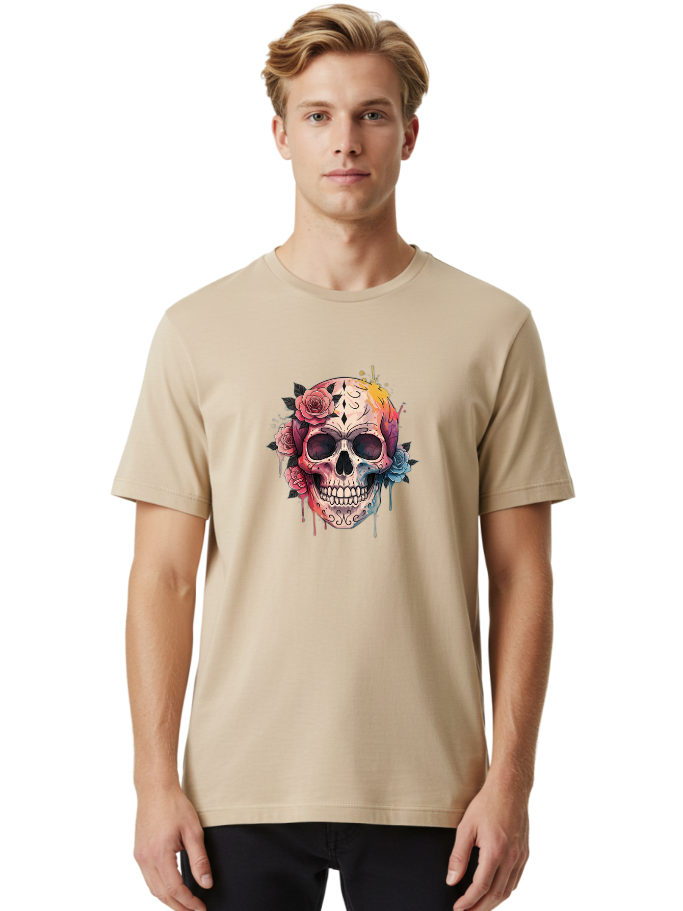 Sugar-Skull-4 Men'S Graphic Tee, 100% Cotton, Comfortable Casual Summer Wear, Machine Washable, Sugar Skull, Day Of The Dead, Floral Skull, Vibrant Colors, Intricate Designs, Abstract Art, Grunge Style, Street Art, Tattoo Art, Mexican Culture, Bad776