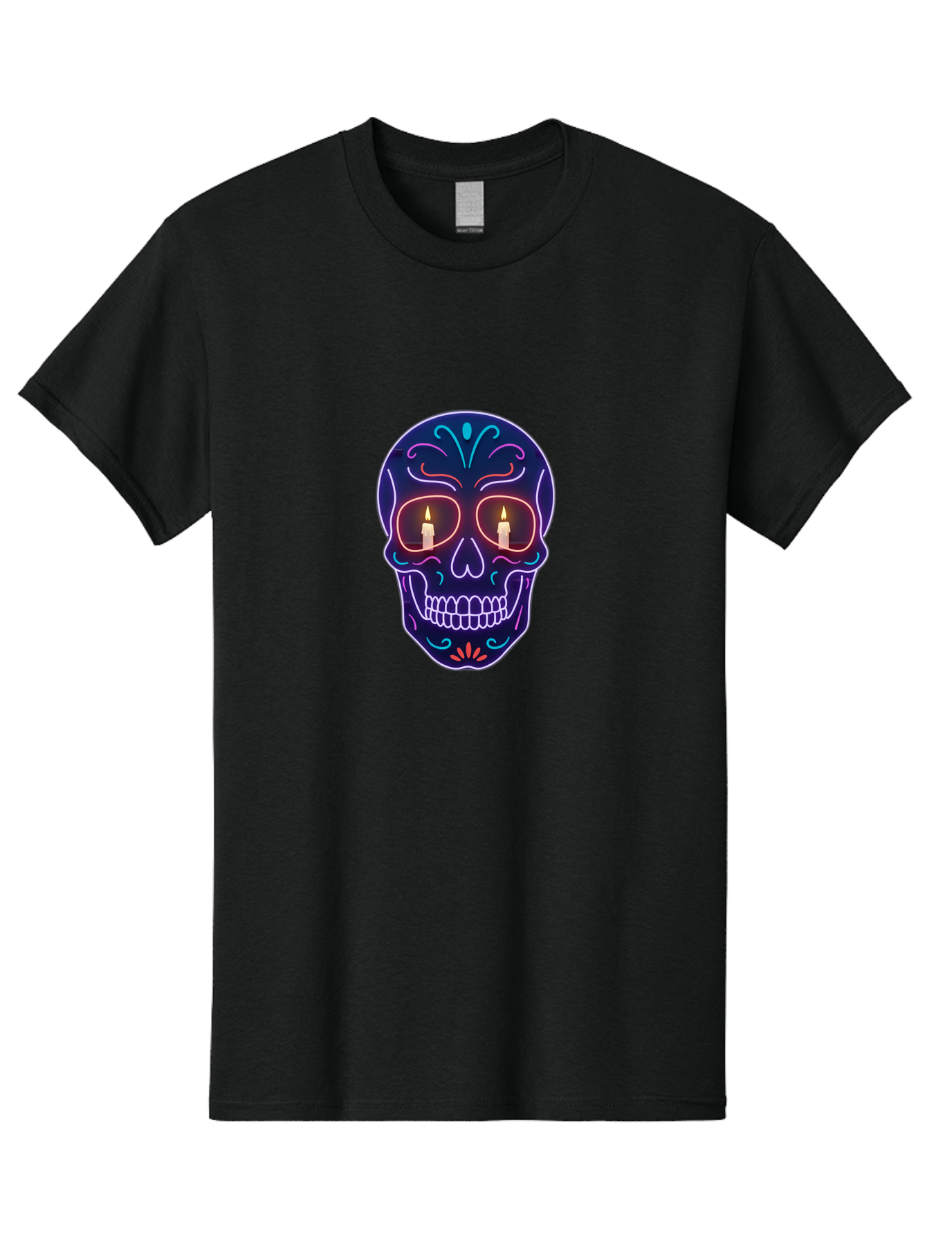 Sugar-Skull-5 Men'S Graphic Tee, 100% Cotton, Comfortable Casual Summer Wear, Machine Washable, Sugar Skull, Day Of The Dead, Neon Lights, Candles, Colorful Design, Vibrant Colors, Skull Decoration, Glowing Eyes Bad777