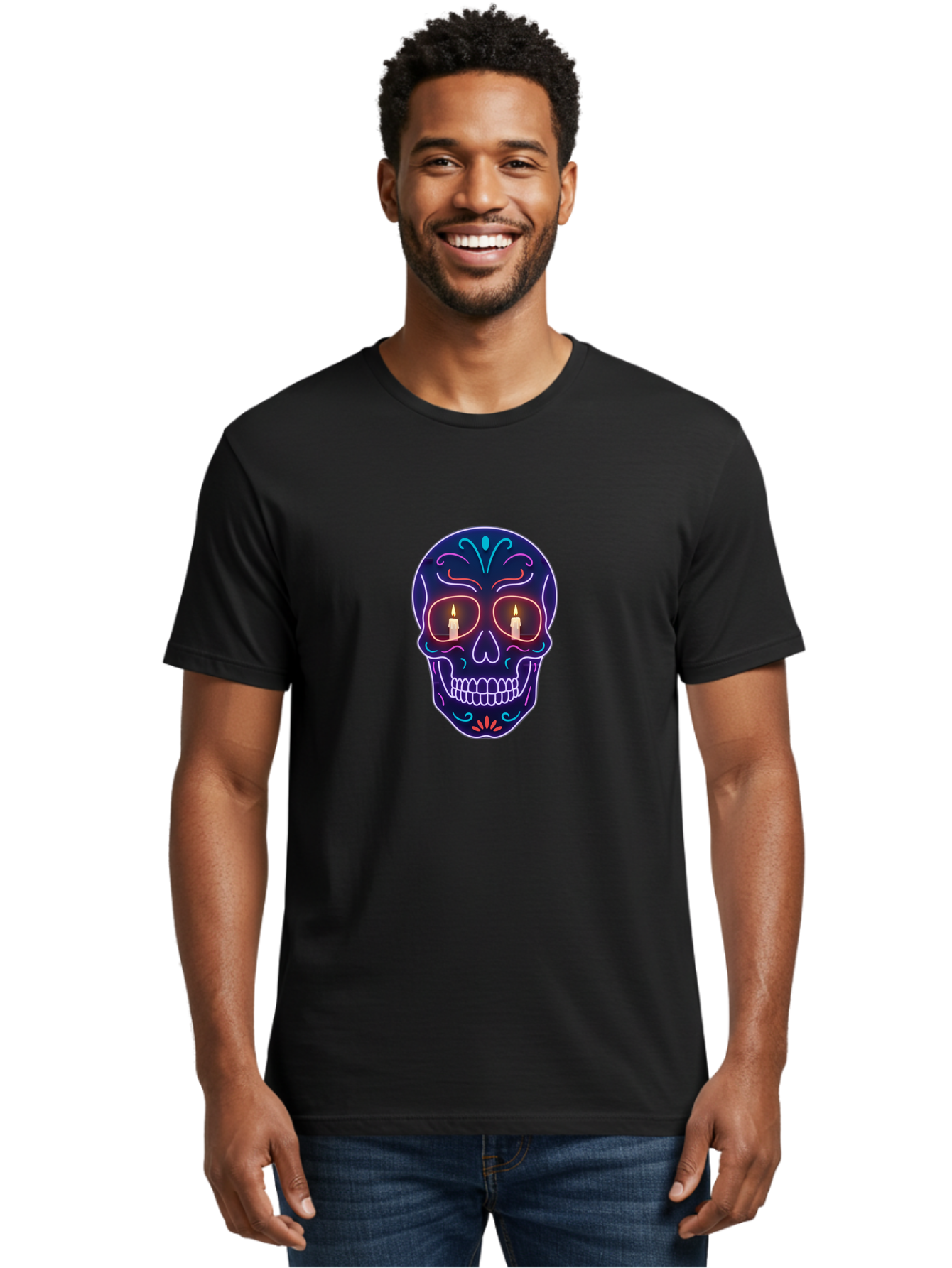 Sugar-Skull-5 Men'S Graphic Tee, 100% Cotton, Comfortable Casual Summer Wear, Machine Washable, Sugar Skull, Day Of The Dead, Neon Lights, Candles, Colorful Design, Vibrant Colors, Skull Decoration, Glowing Eyes Bad777