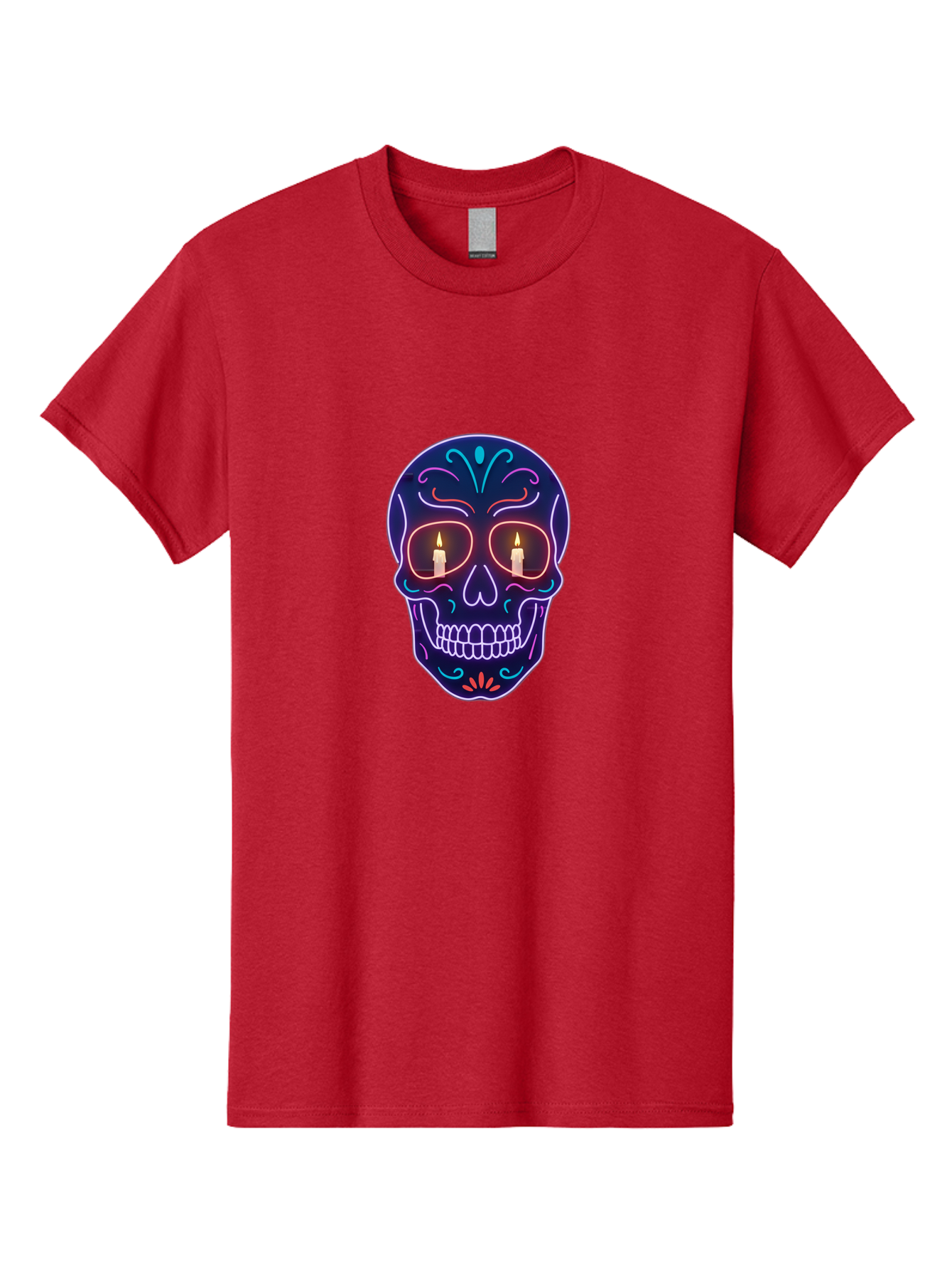 Sugar-Skull-5 Men'S Graphic Tee, 100% Cotton, Comfortable Casual Summer Wear, Machine Washable, Sugar Skull, Day Of The Dead, Neon Lights, Candles, Colorful Design, Vibrant Colors, Skull Decoration, Glowing Eyes Bad777