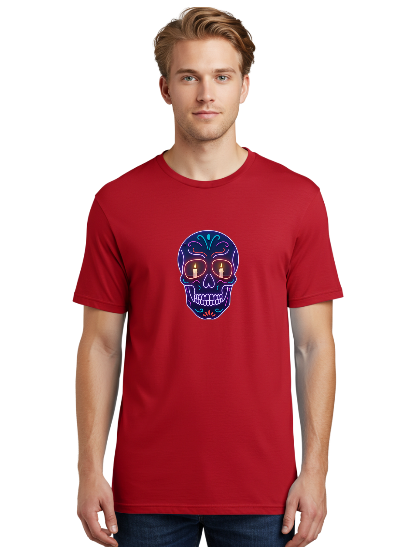Sugar-Skull-5 Men'S Graphic Tee, 100% Cotton, Comfortable Casual Summer Wear, Machine Washable, Sugar Skull, Day Of The Dead, Neon Lights, Candles, Colorful Design, Vibrant Colors, Skull Decoration, Glowing Eyes Bad777