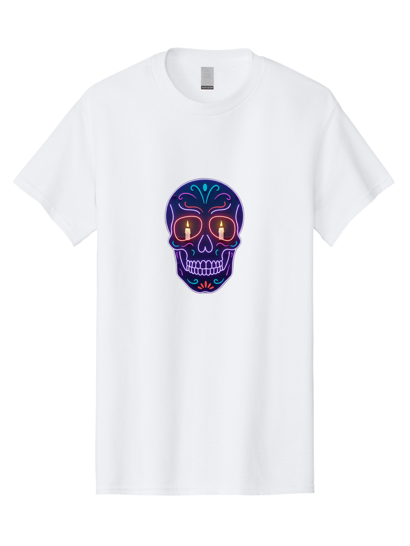 Sugar-Skull-5 Men'S Graphic Tee, 100% Cotton, Comfortable Casual Summer Wear, Machine Washable, Sugar Skull, Day Of The Dead, Neon Lights, Candles, Colorful Design, Vibrant Colors, Skull Decoration, Glowing Eyes Bad777
