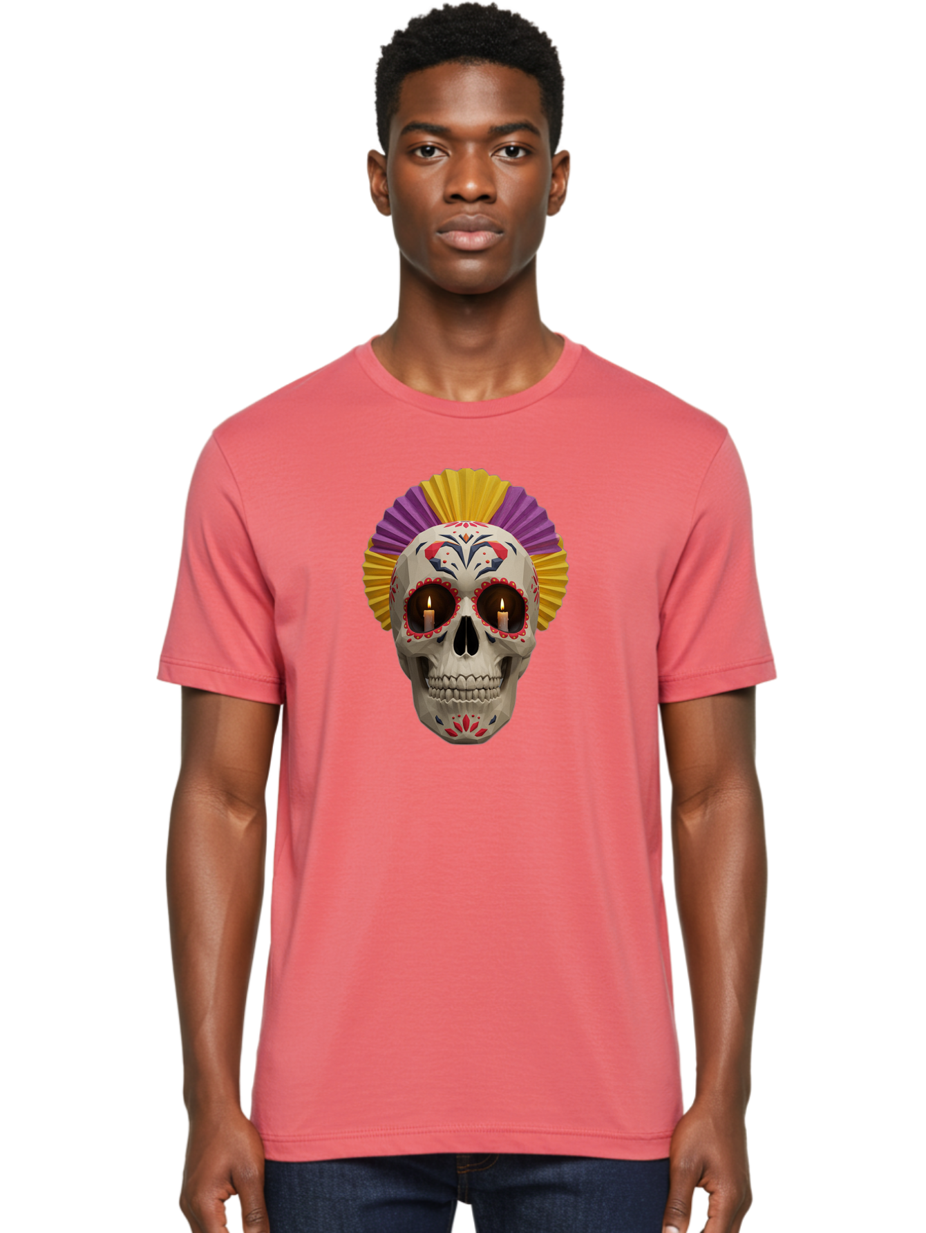 Sugar-Skull-6 Men'S Graphic Tee, 100% Cotton, Comfortable Casual Summer Wear, Machine Washable, Sugar Skull, Day Of The Dead, Mexican Culture, Lit Candles, Decorative Patterns, Vibrant Colors, Festive Decorations, Skull Art, Bad778