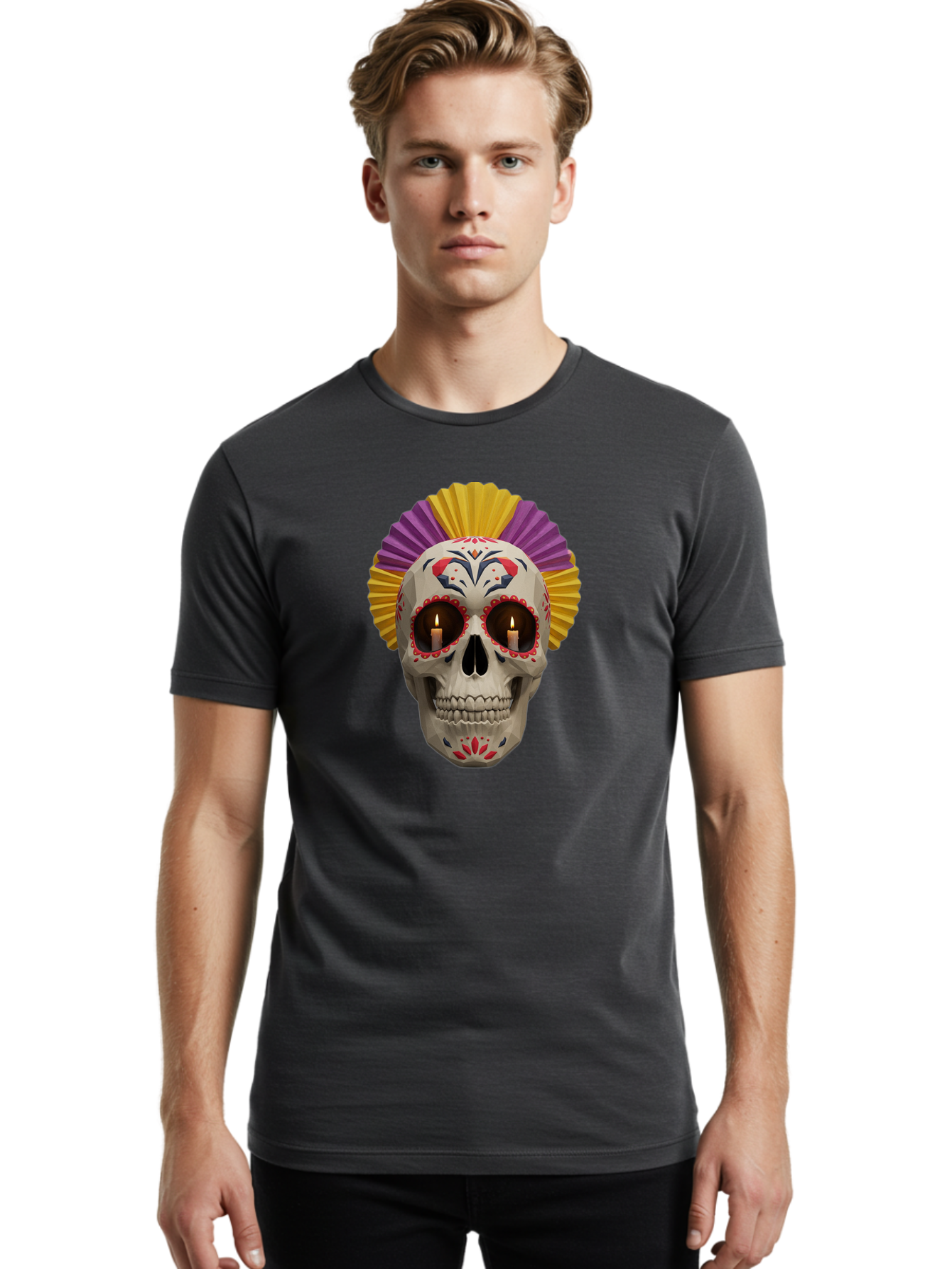 Sugar-Skull-6 Men'S Graphic Tee, 100% Cotton, Comfortable Casual Summer Wear, Machine Washable, Sugar Skull, Day Of The Dead, Mexican Culture, Lit Candles, Decorative Patterns, Vibrant Colors, Festive Decorations, Skull Art, Bad778