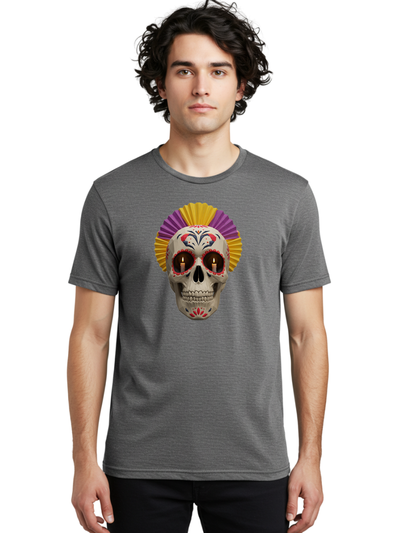 Sugar-Skull-6 Men'S Graphic Tee, 100% Cotton, Comfortable Casual Summer Wear, Machine Washable, Sugar Skull, Day Of The Dead, Mexican Culture, Lit Candles, Decorative Patterns, Vibrant Colors, Festive Decorations, Skull Art, Bad778