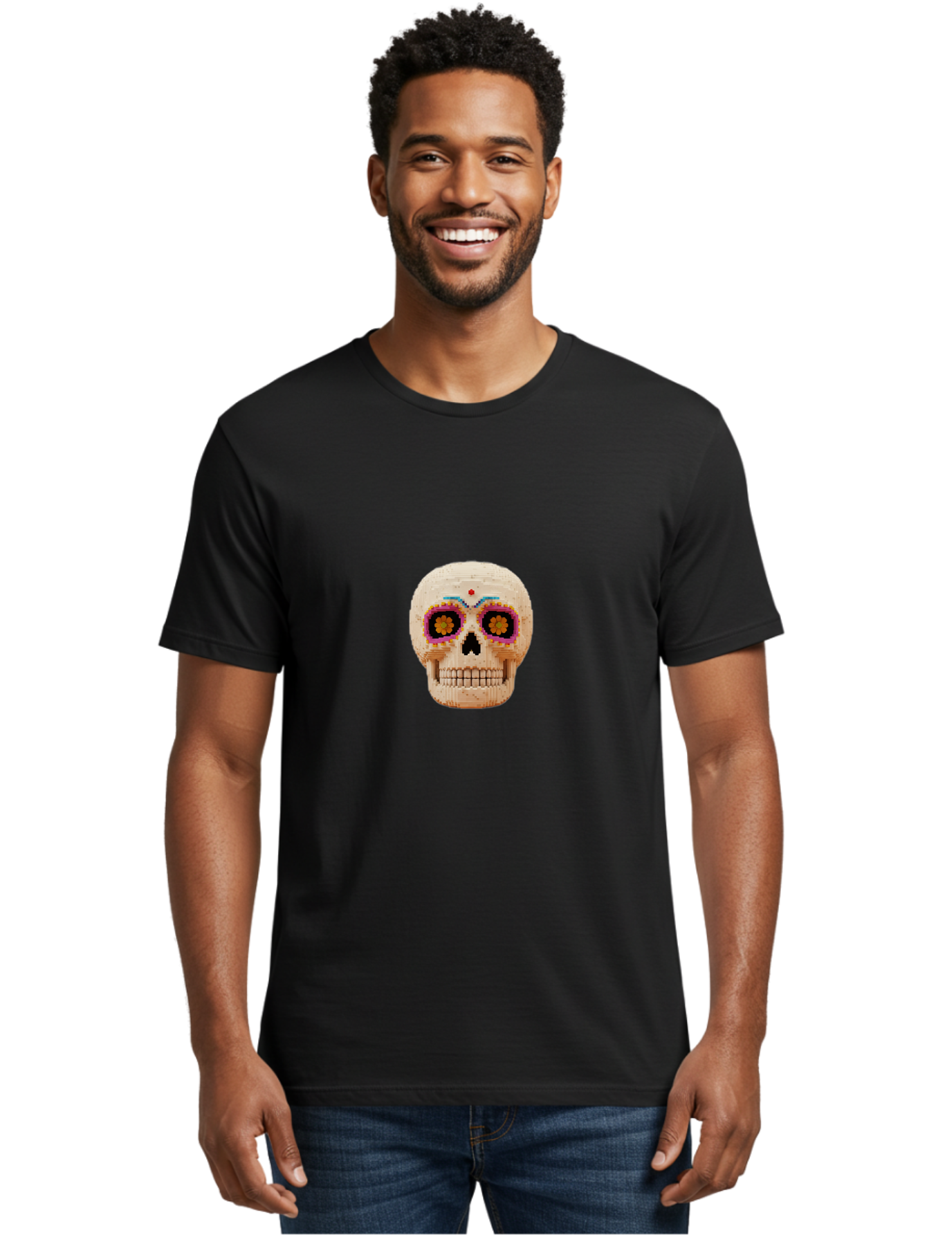 Sugar-Skull-7 Men'S Graphic Tee, 100% Cotton, Comfortable Casual Summer Wear, Machine Washable, Sugar Skull Decoration, Day Of The Dead, Colorful Skull, Mexican Culture, Festive Design, Vibrant Colors, Floral Patterns, Traditional Art Bad779