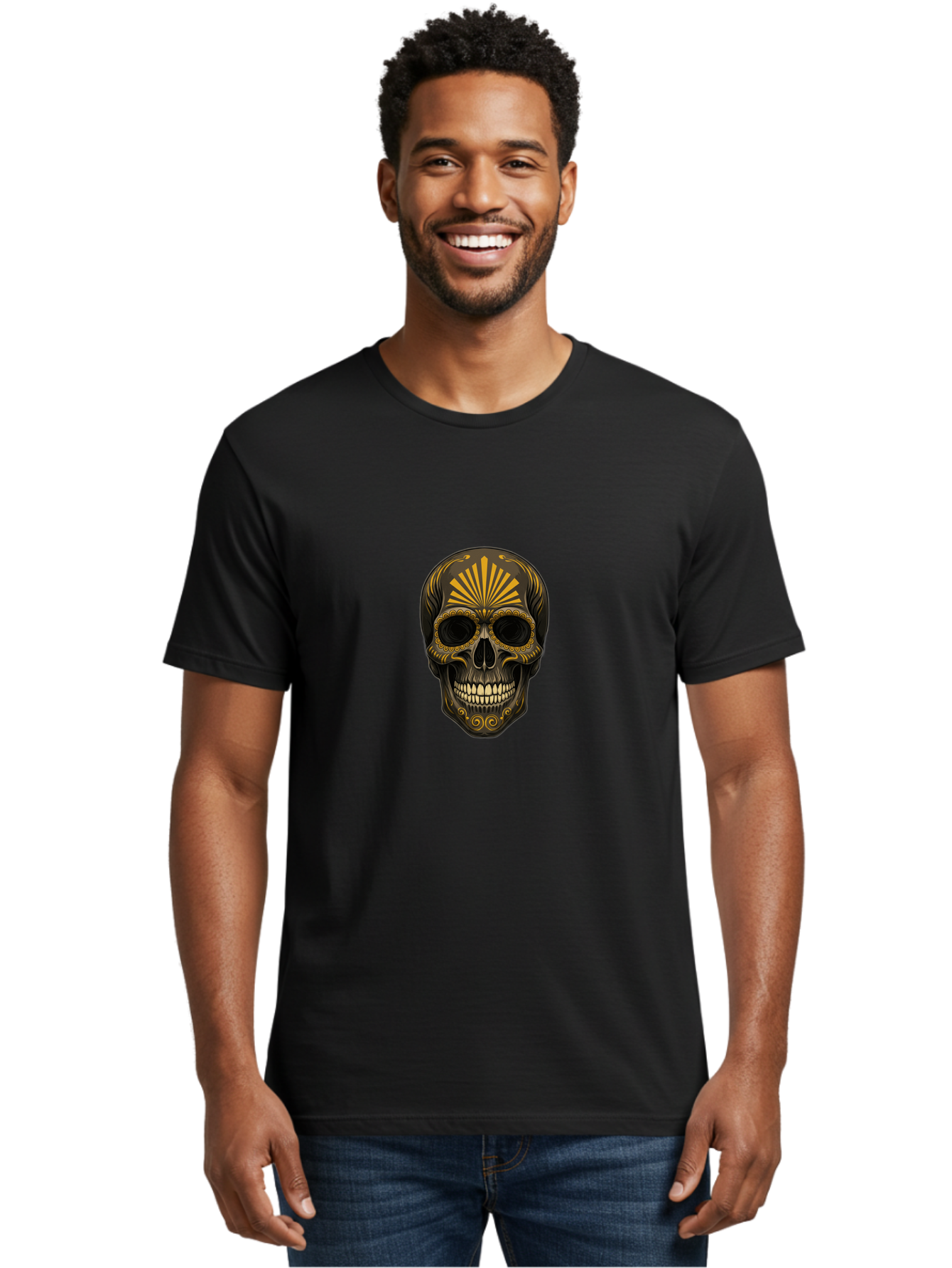 Sugar-Skull-9 Men'S Graphic Tee, 100% Cotton, Comfortable Casual Summer Wear, Machine Washable, Sugar Skull, Ornate Design, Golden Accents, Day Of The Dead, Mexican Culture, Vibrant Patterns, Decorative Art, Symbolic Imagery, Intricate Details Bad781