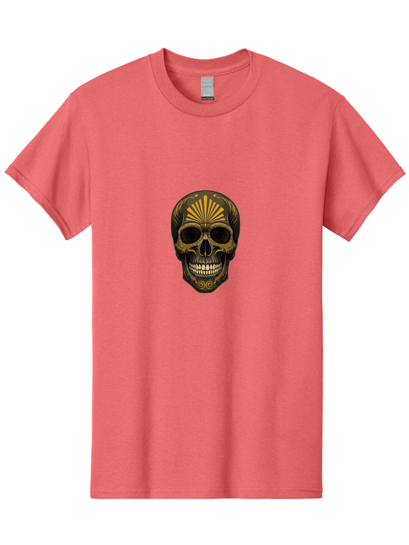 Sugar-Skull-9 Men'S Graphic Tee, 100% Cotton, Comfortable Casual Summer Wear, Machine Washable, Sugar Skull, Ornate Design, Golden Accents, Day Of The Dead, Mexican Culture, Vibrant Patterns, Decorative Art, Symbolic Imagery, Intricate Details Bad781